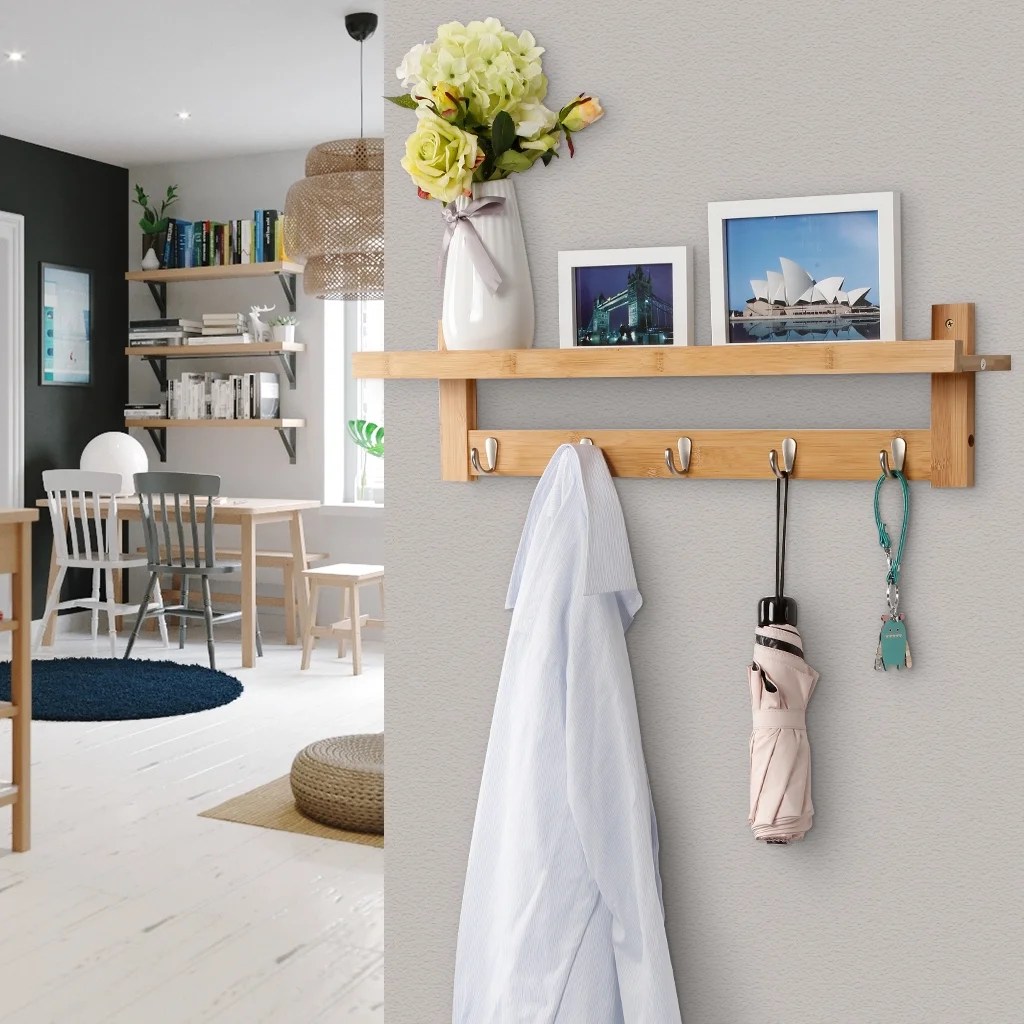 Wall Mounted Standard Coat Rack, 5 Metal Hooks and Upper Shelf for Extra Storage Scandinavian