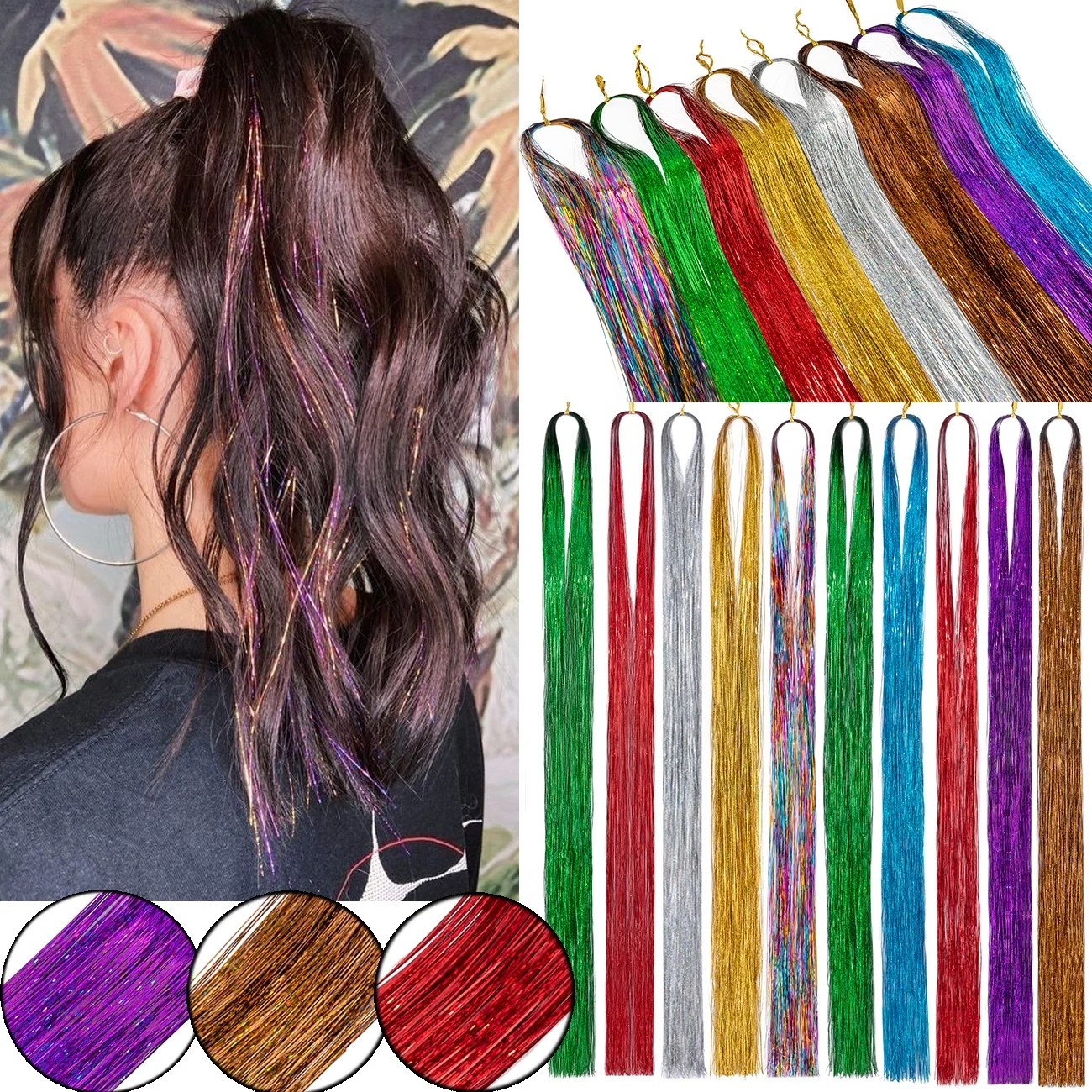Benehair Hair Tinsel 48" 1200 Strands Sparkling Party Tinsel Hair