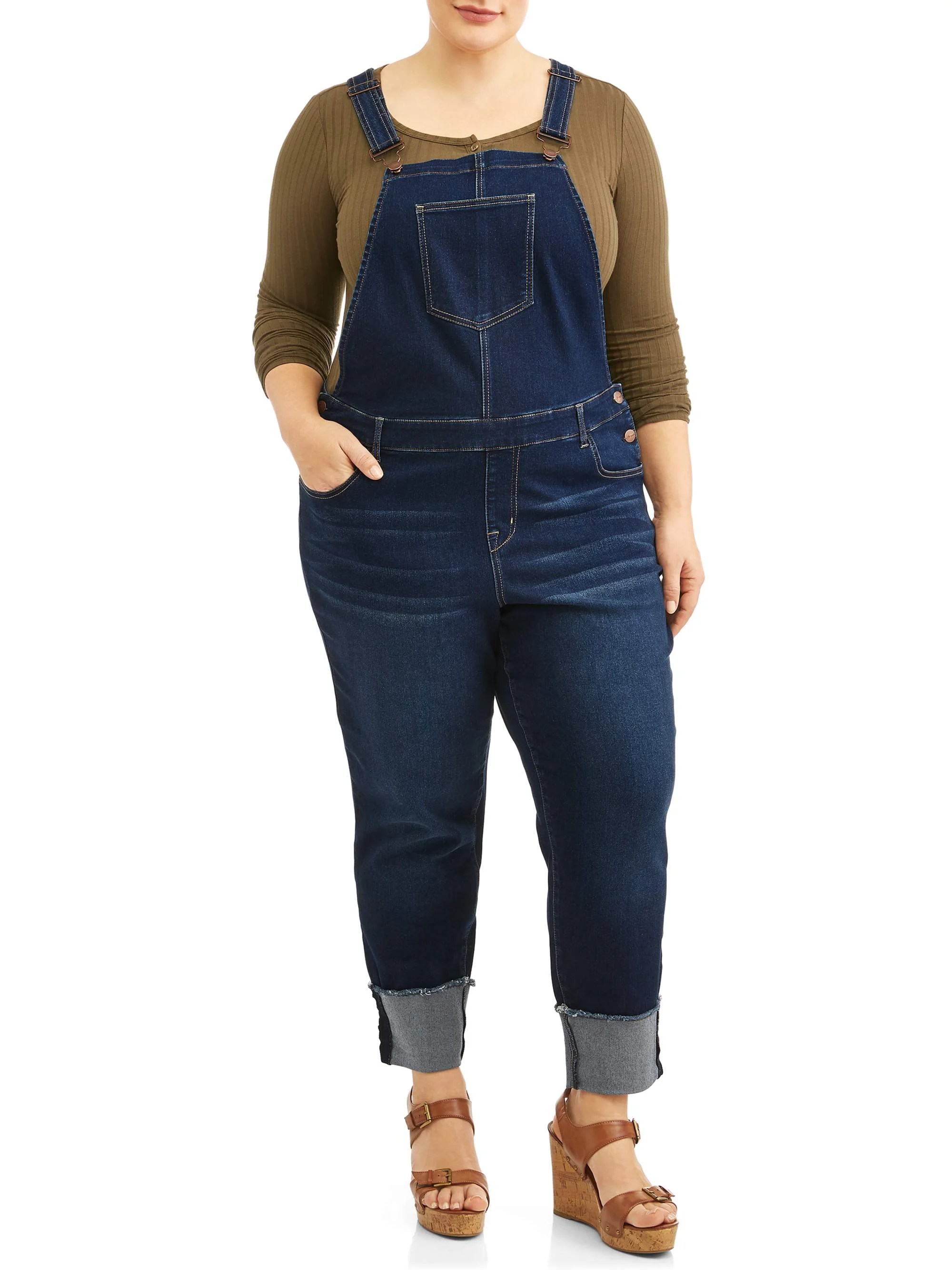 A3 Denim Women's Plus Size Stretch Denim Overalls with Cuffs