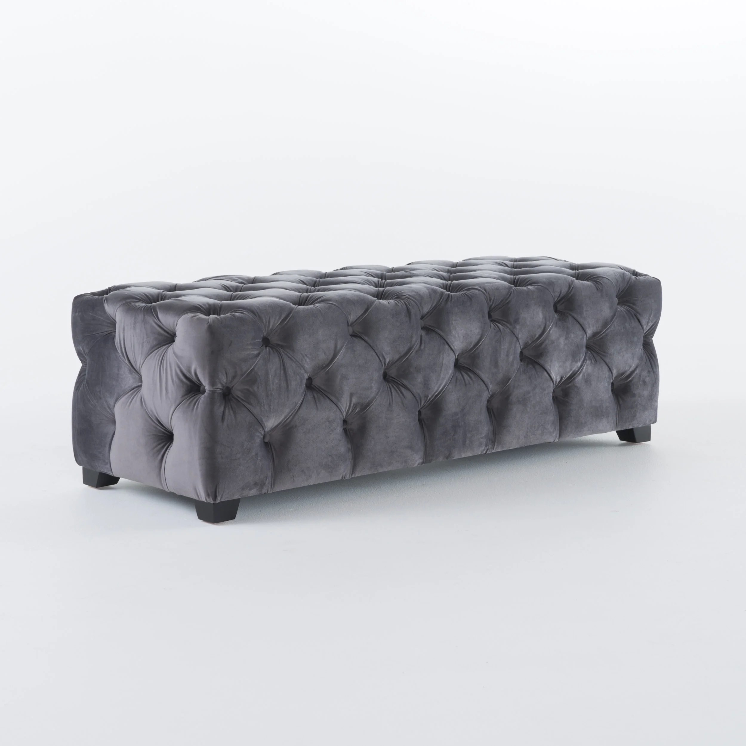 Provence Tufted Velvet Fabric Rectangle Ottoman Bench, Gray