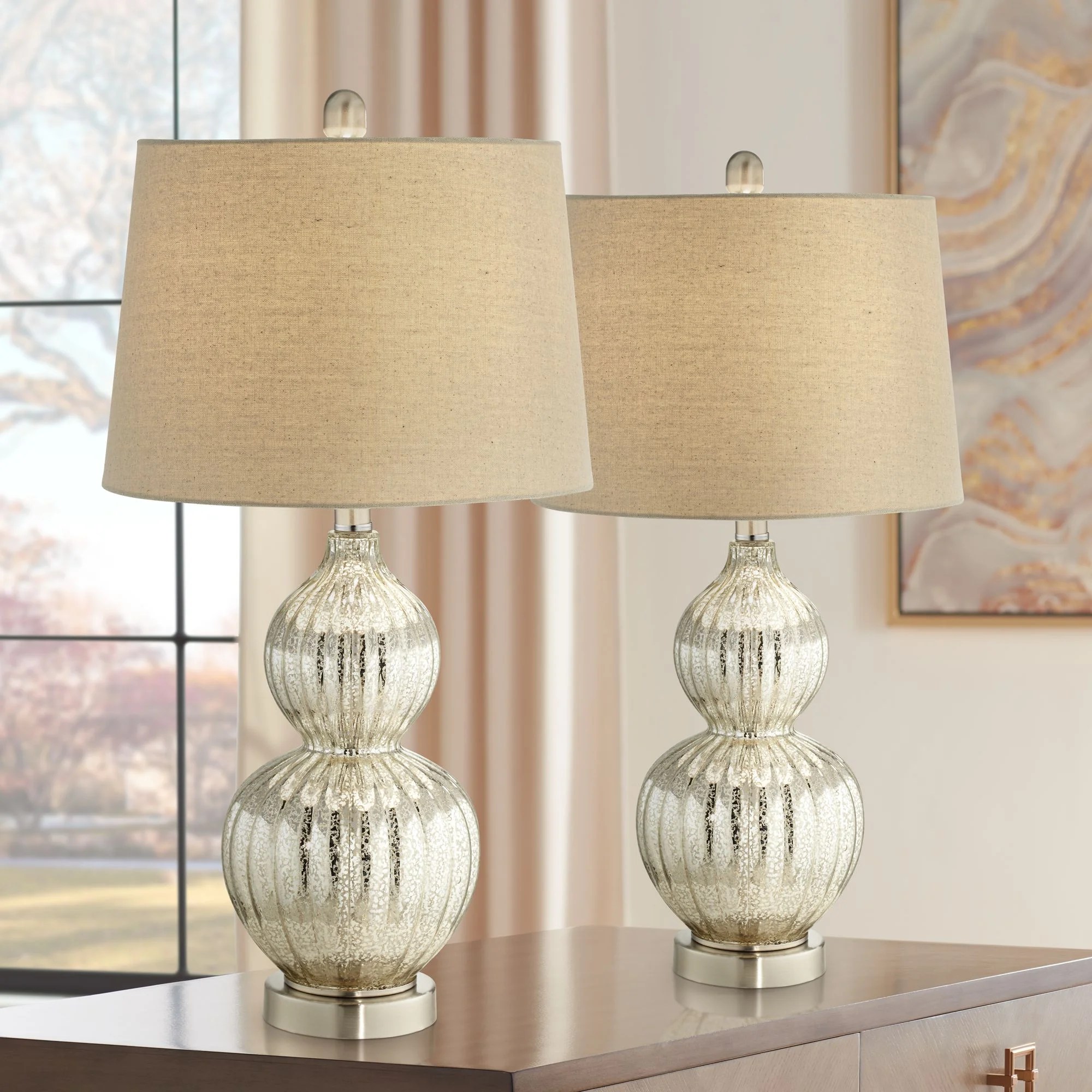 Regency Hill Modern Table Lamps Set of 2 Fluted Mercury Glass Double