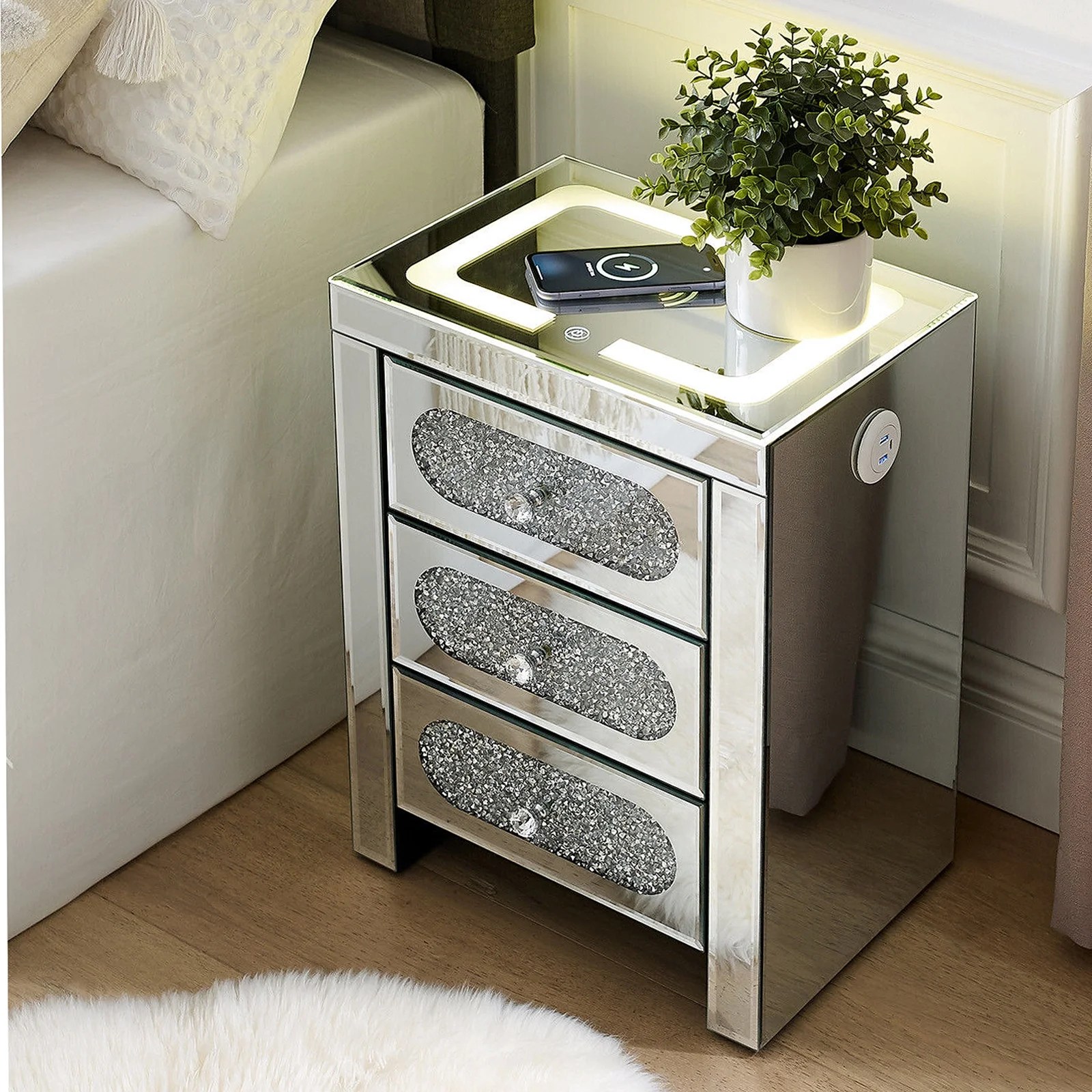 COSVALVE 3 Drawers Mirrored Nightstand Silver Glass Crystal Design