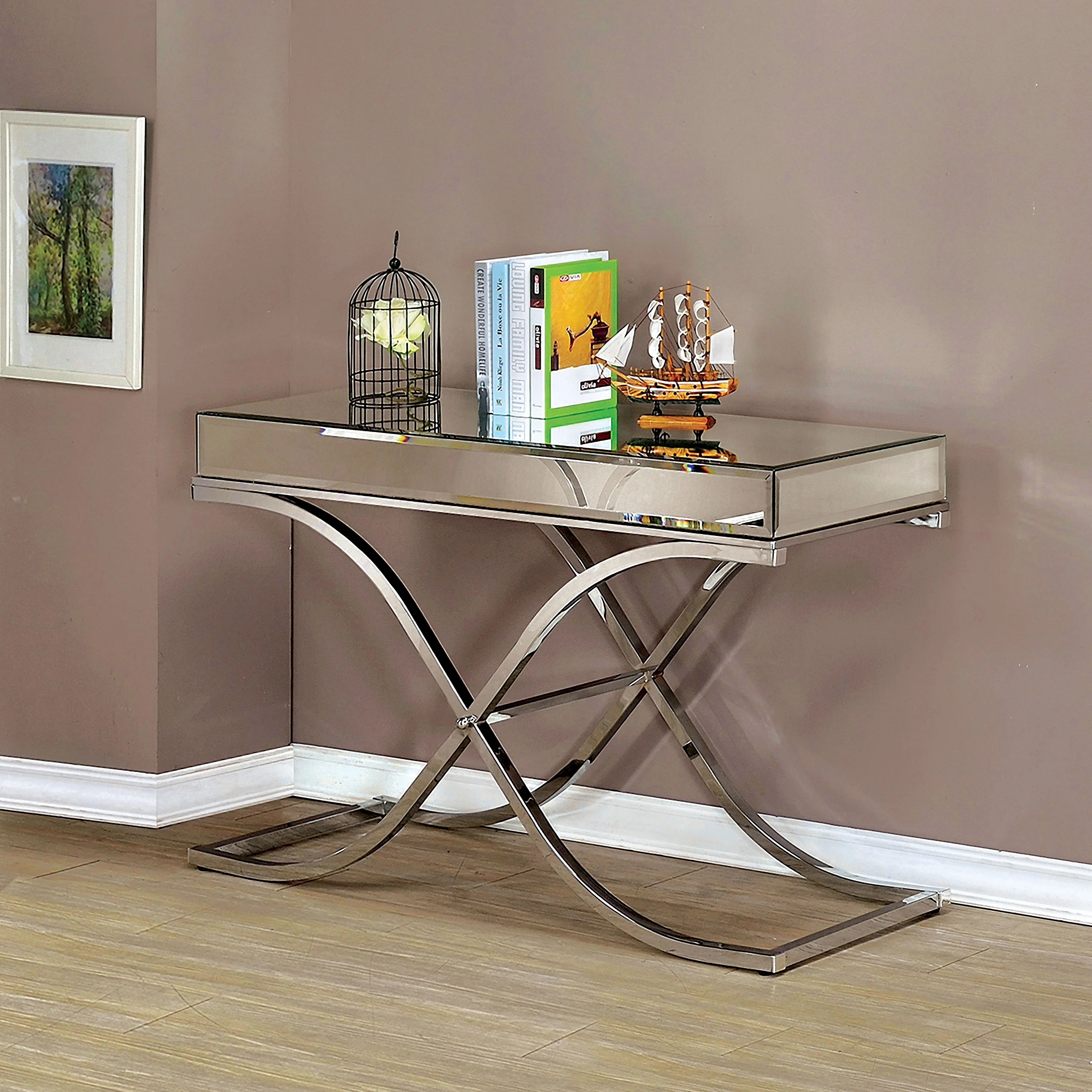 Furniture of America Monna Contemporary Mirrored Sofa Table, Brass