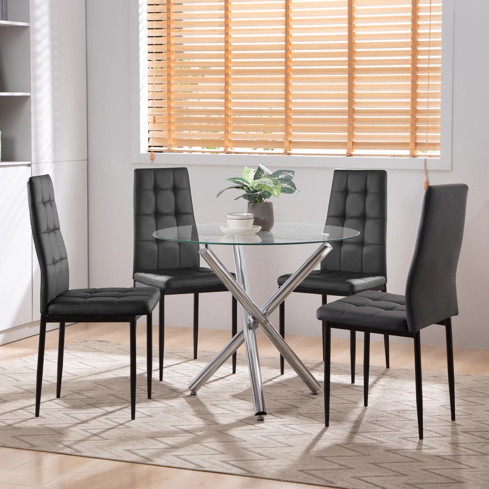 Boowill 5 Piece Dining Table Set, Glass Round Dining Table with 4