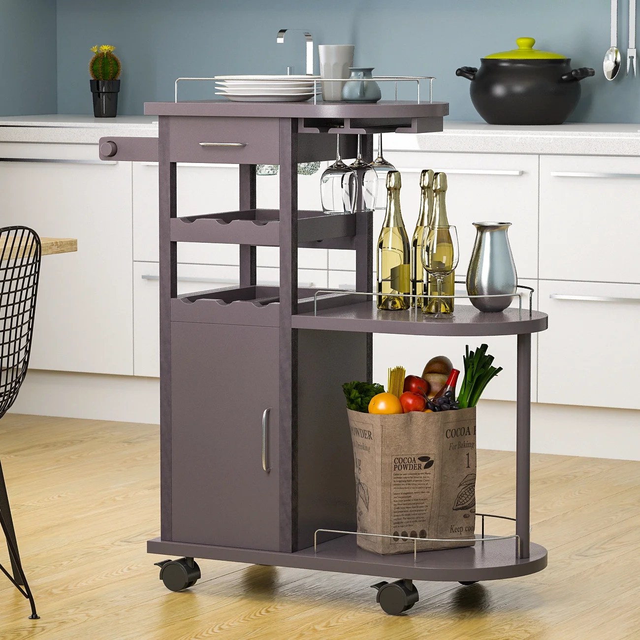 Wine Glass Storage bar Carts with Top Box Container and Lockable Caster
