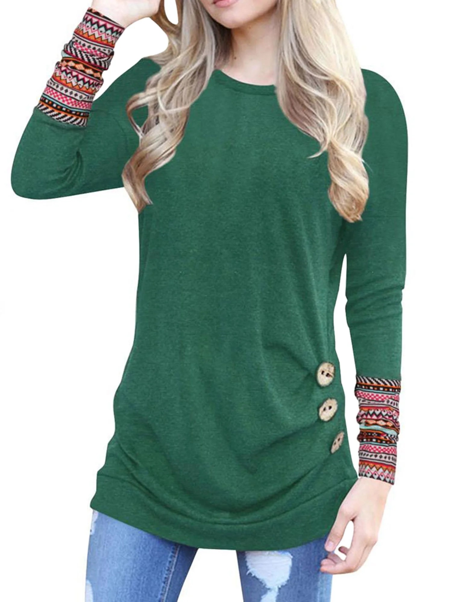 Nlife Nlife Women's Boho Print Cuff Long Sleeve Ruched Button Side T