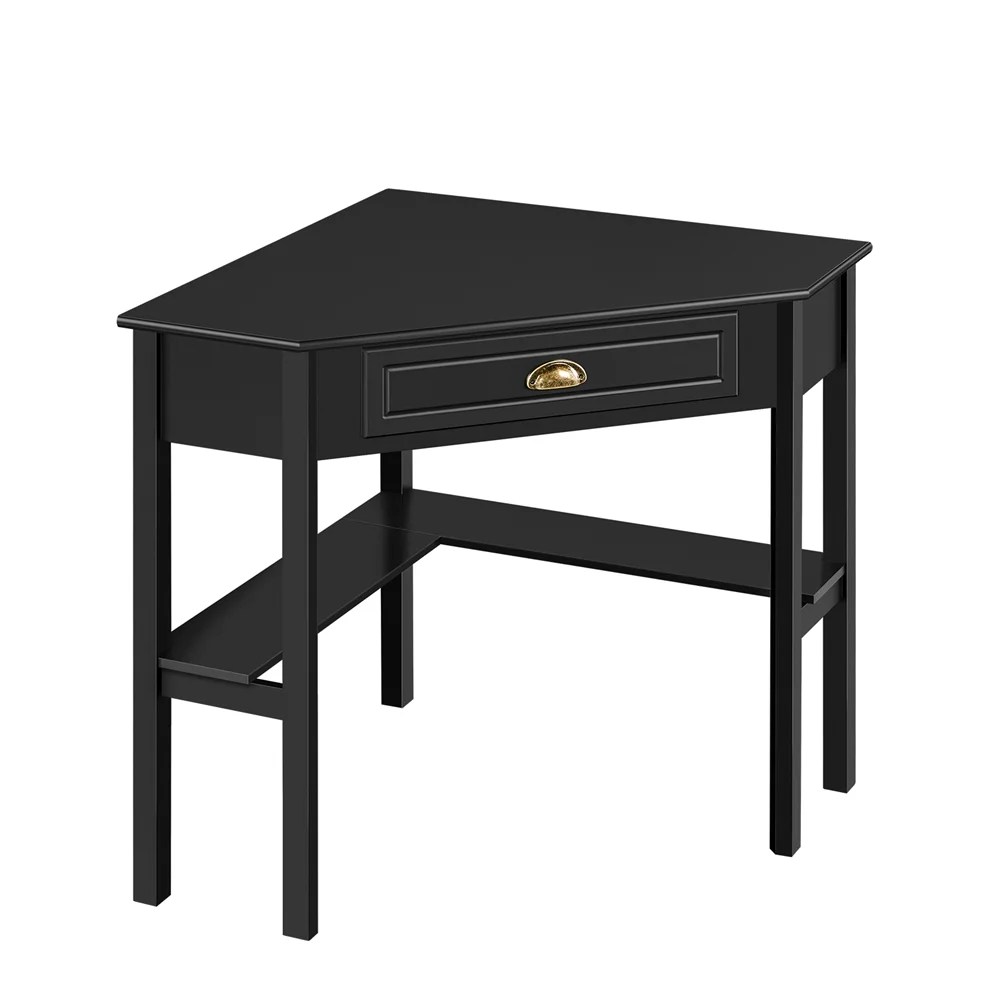 Easyfashion Corner Writing Desk with Storage Drawer, Black