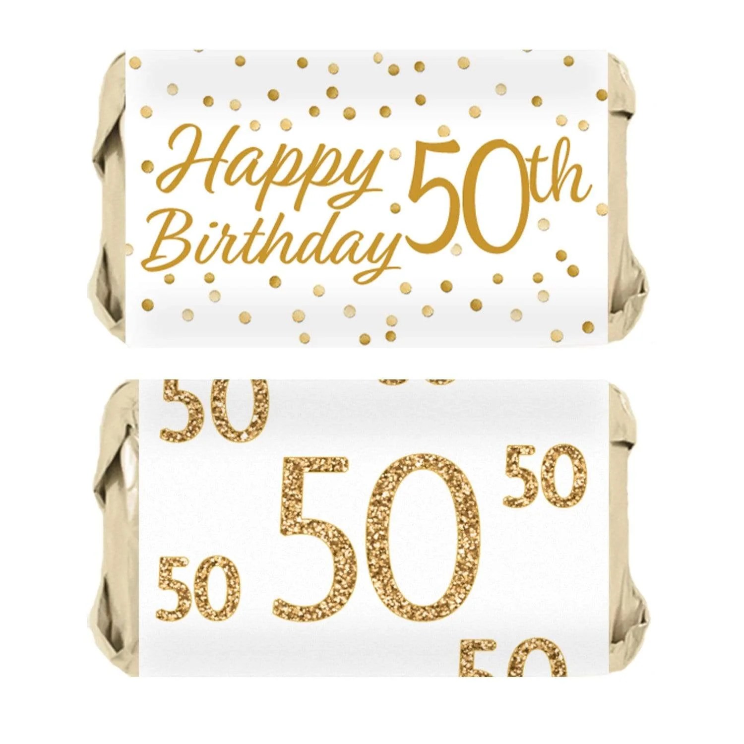 White and Gold 50th Birthday Party Mini Candy Bar Stickers 45 Count