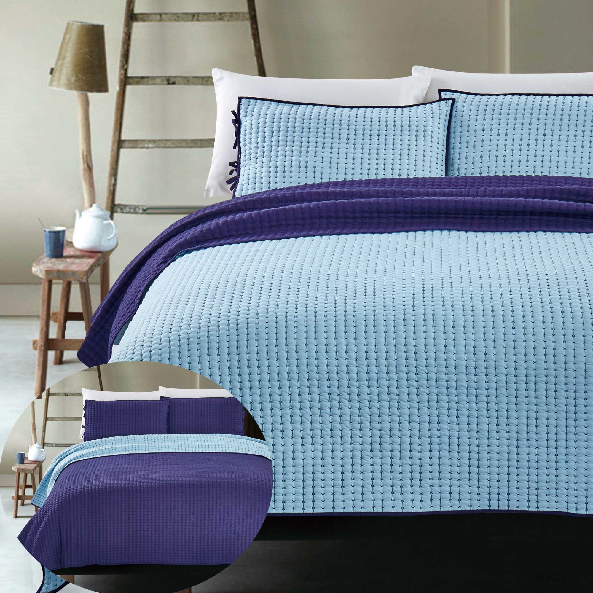 X Cross Stitch 3Piece Reversible Navy Bedding Coverlet Set, Queen Size