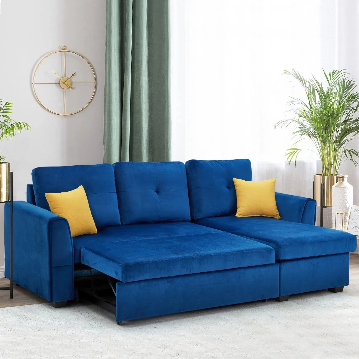 Erommy Sectional Sleeper Sofa, Modern Velvet Couch with Storage Chaise