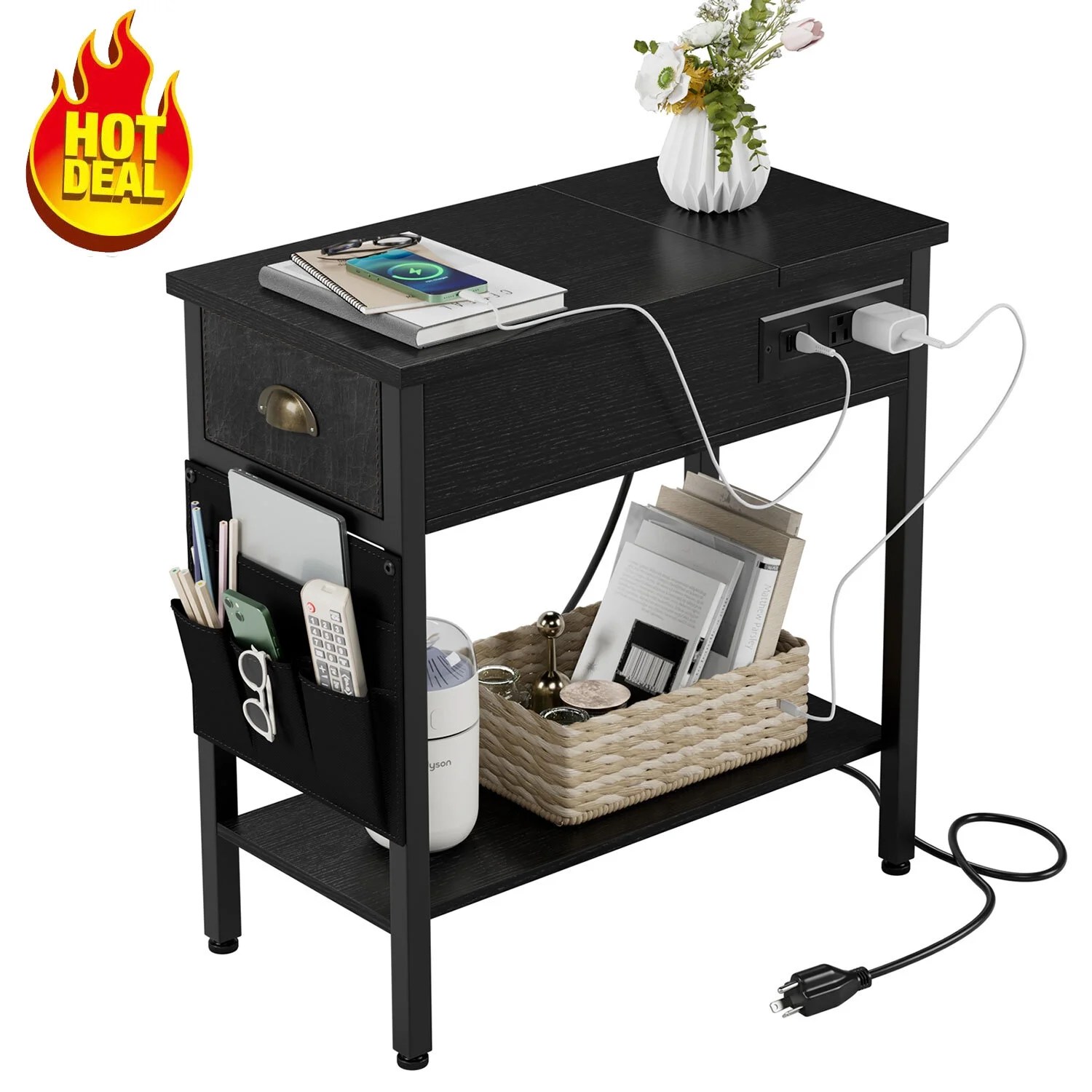 HOSSLLY End Table with Charging Station & USB Ports, Narrow Side Table