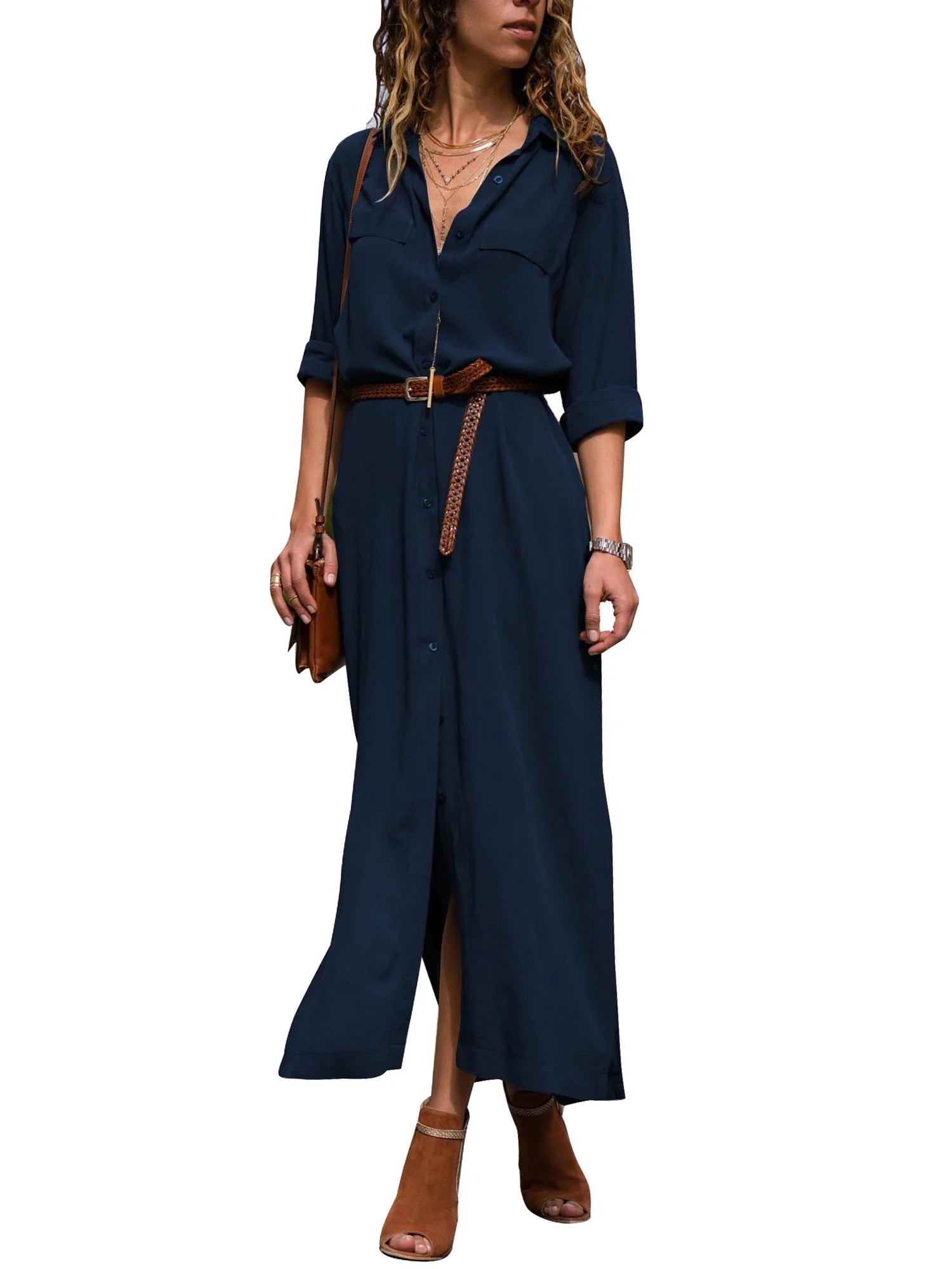 Women Long Sleeve Maxi Shirt Dress For Autumn Winter Ladies Button Down