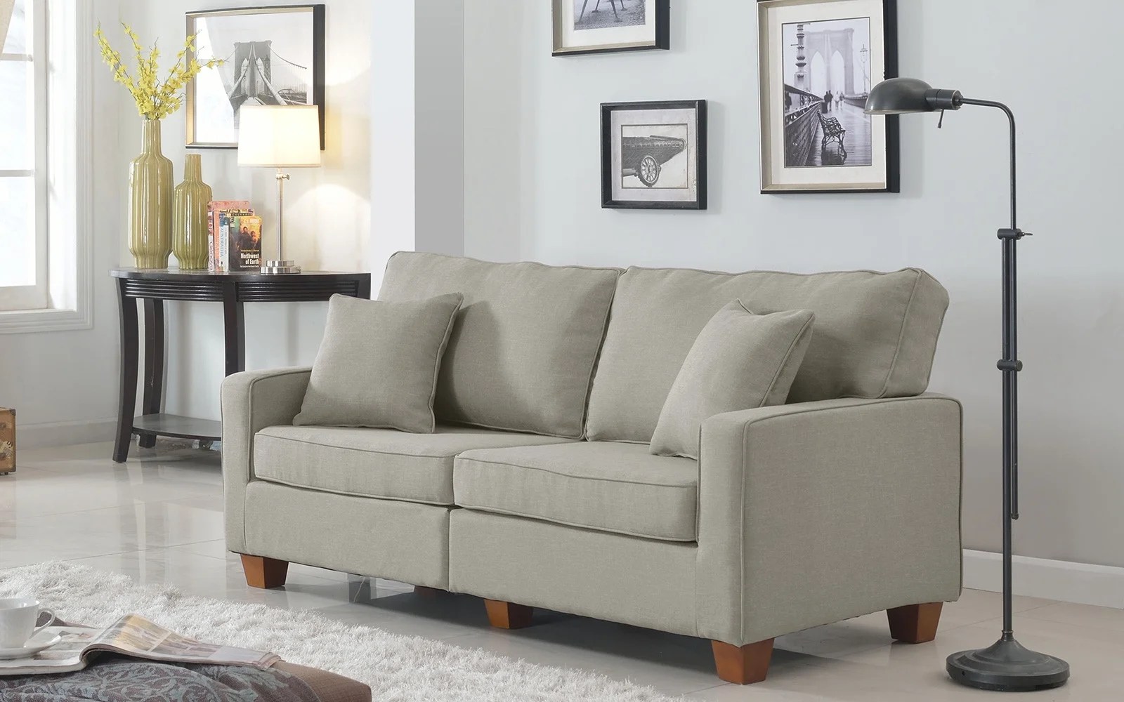 Classic Traditional Linen Fabric Loveseat with 2 Matching Accent
