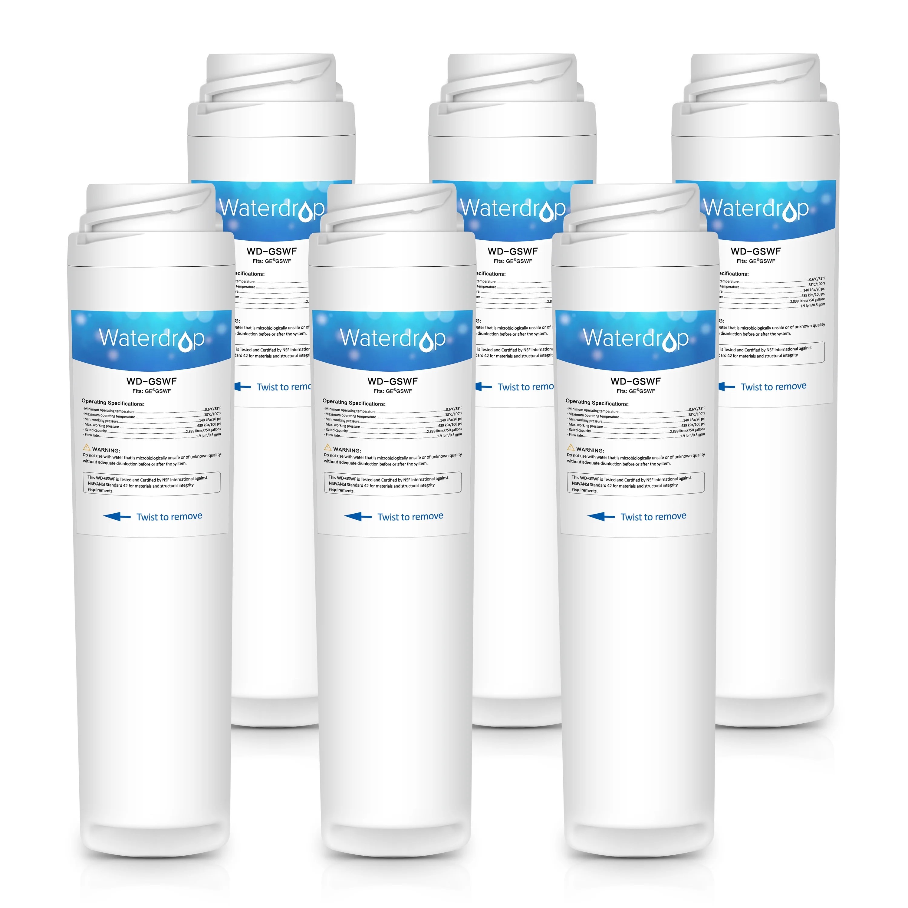 6 Pack Waterdrop GSWF Replacement for GE GSWF Refrigerator Water Filter