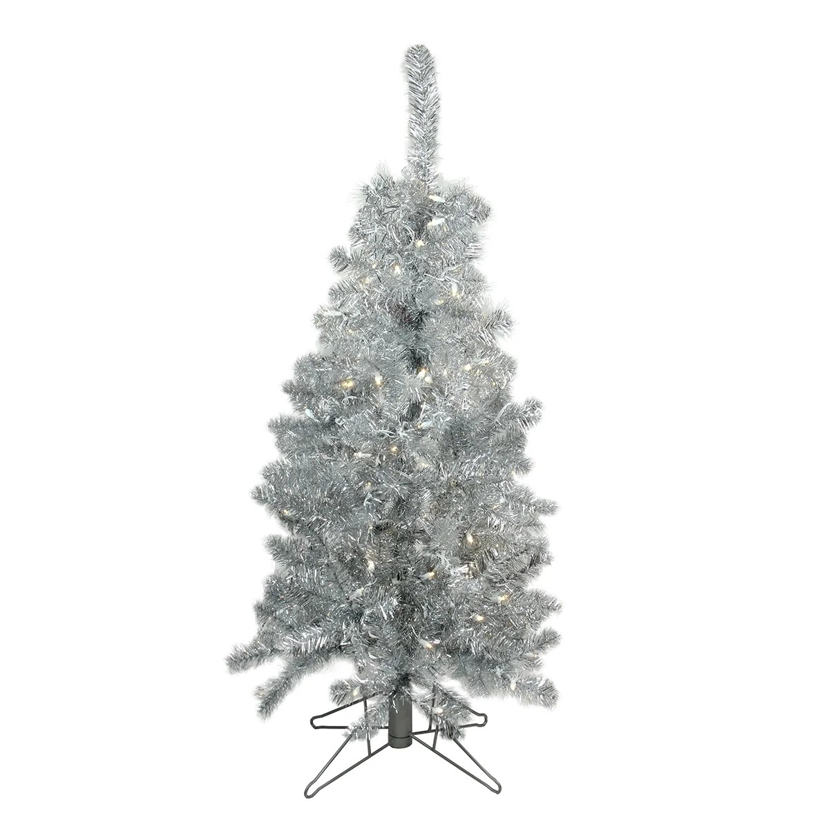 Silver Pre Lit Christmas Tree 4' PreLit Medium Silver Tinsel Artificial Christmas Tree Clear