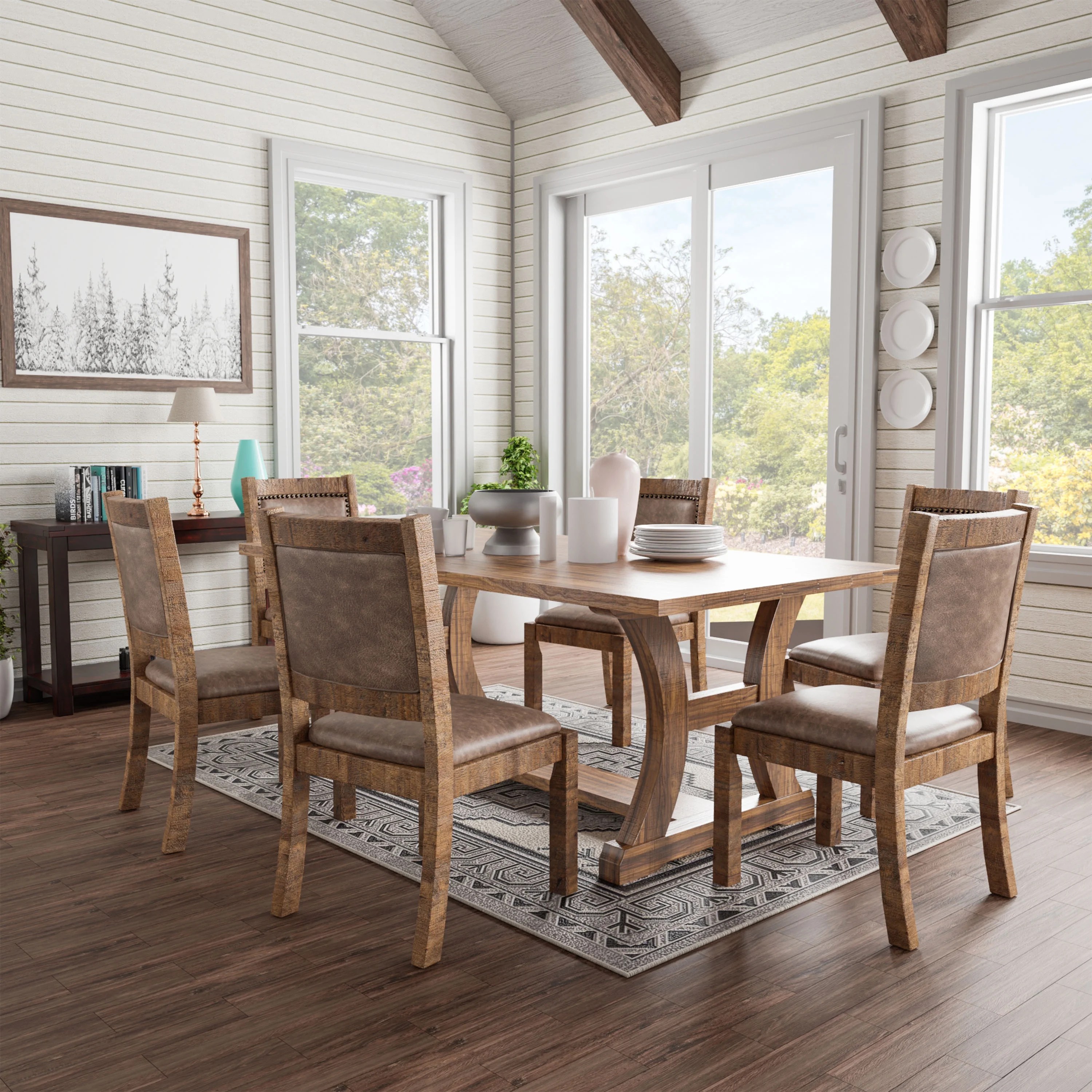 Furniture of America Liston 77 inch Dining Table Set with Faux Leather