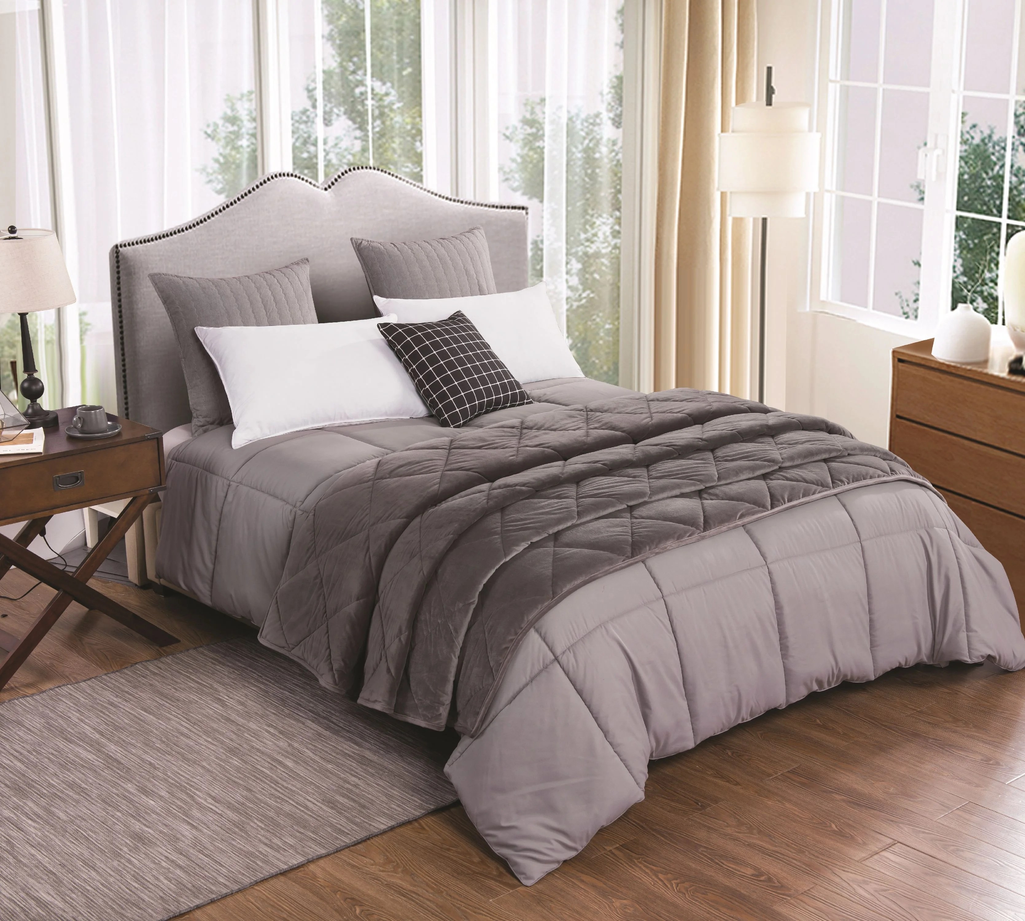 Velvet Blanket & Down Alternative Comforter Set, Dark Gray, Twin