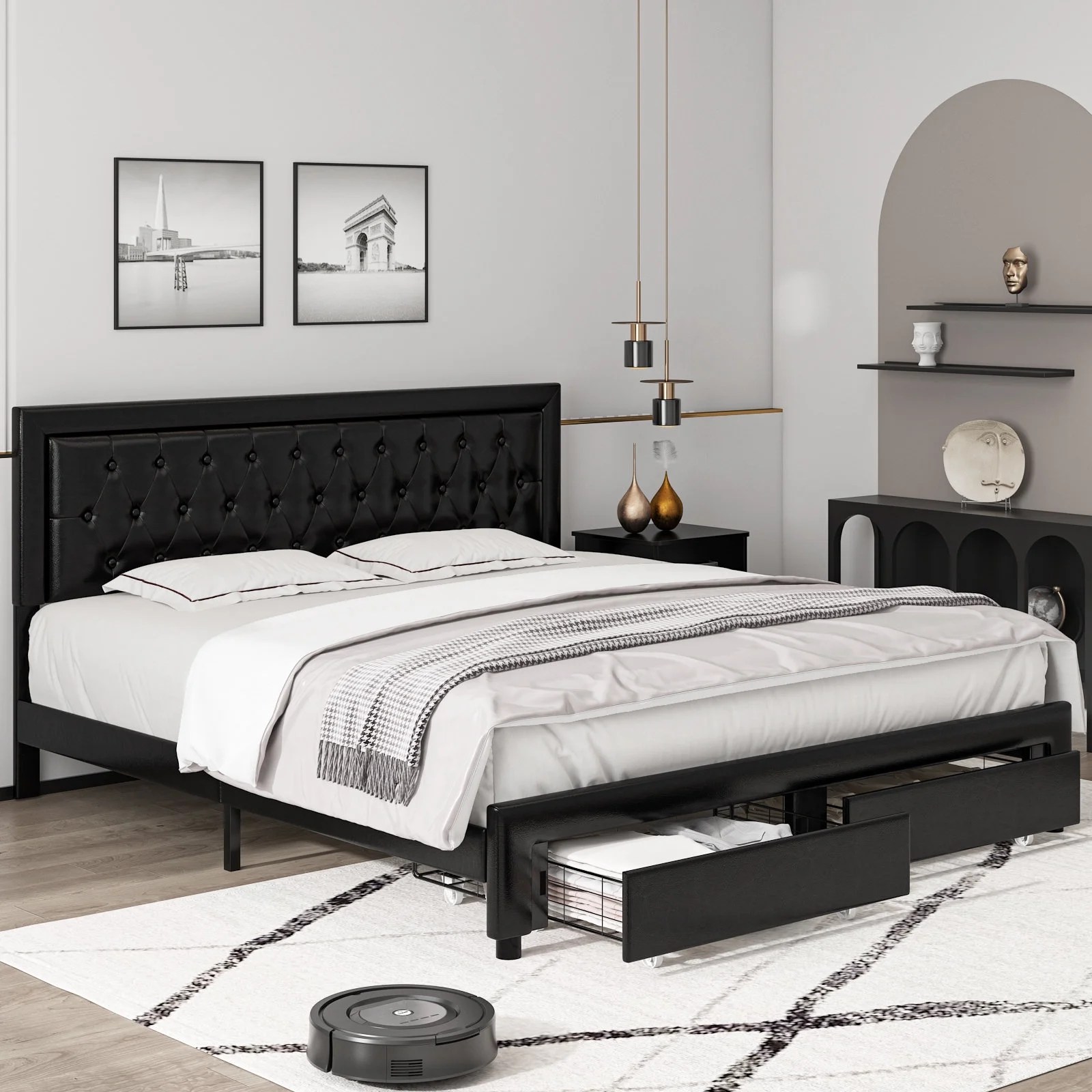Homfa King Size Storage Drawers Bed Frame, PU Leather Upholstered