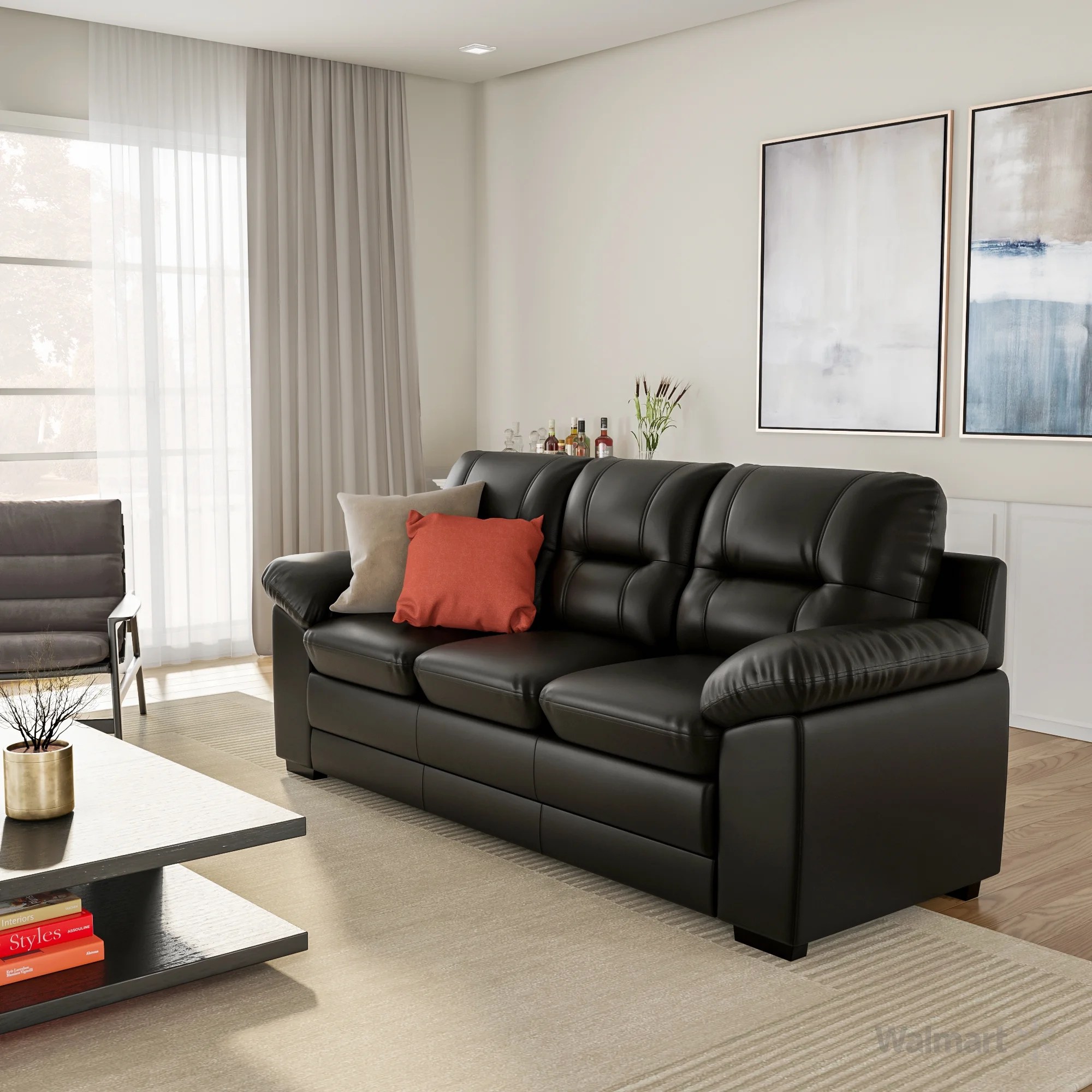 Furniture of America Truman Contemporary Leatherette Sofa, Black