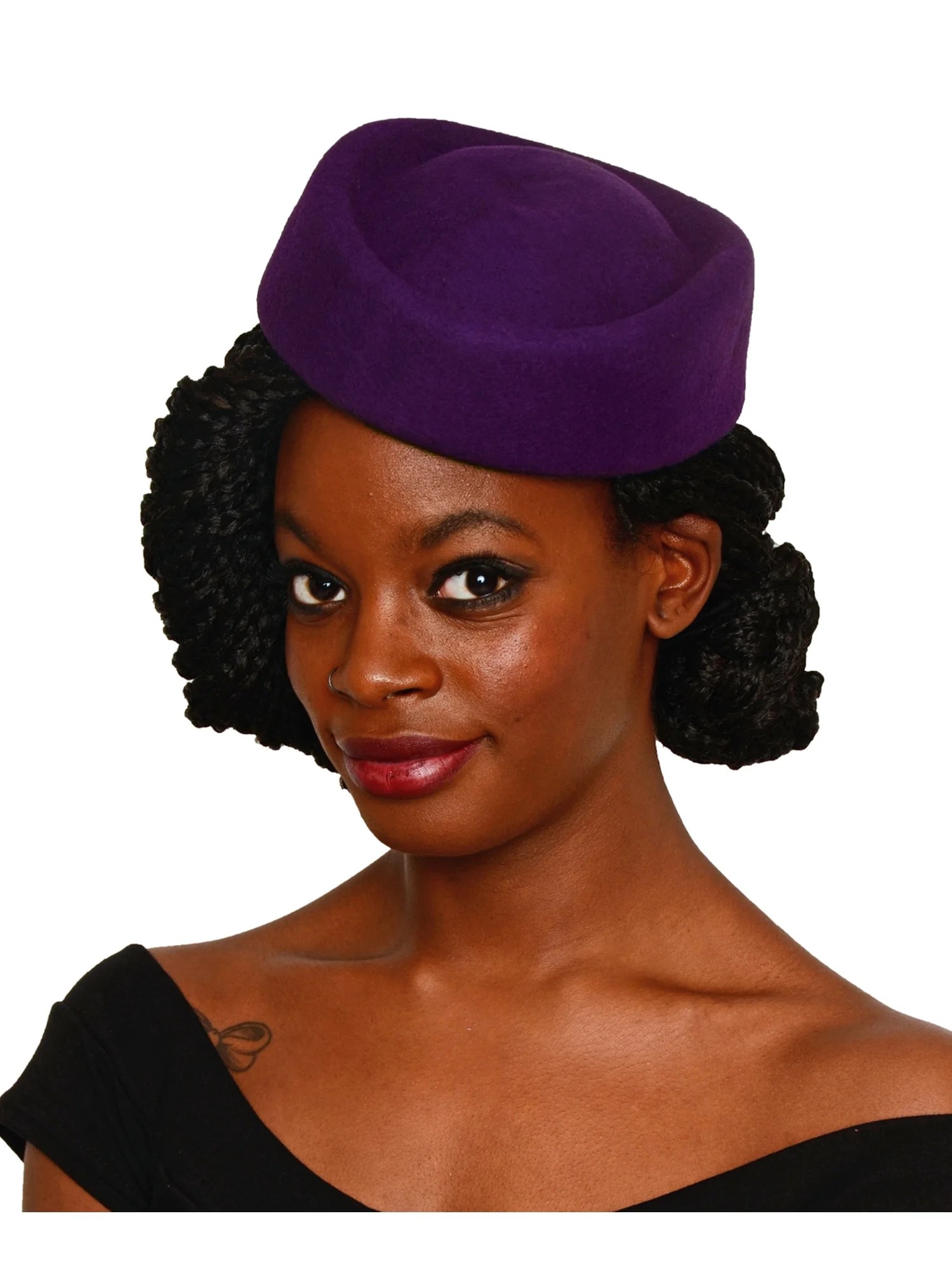 Hey Viv ! Stewardess Style Oval Purple Pillbox Hat Cocktail, Party
