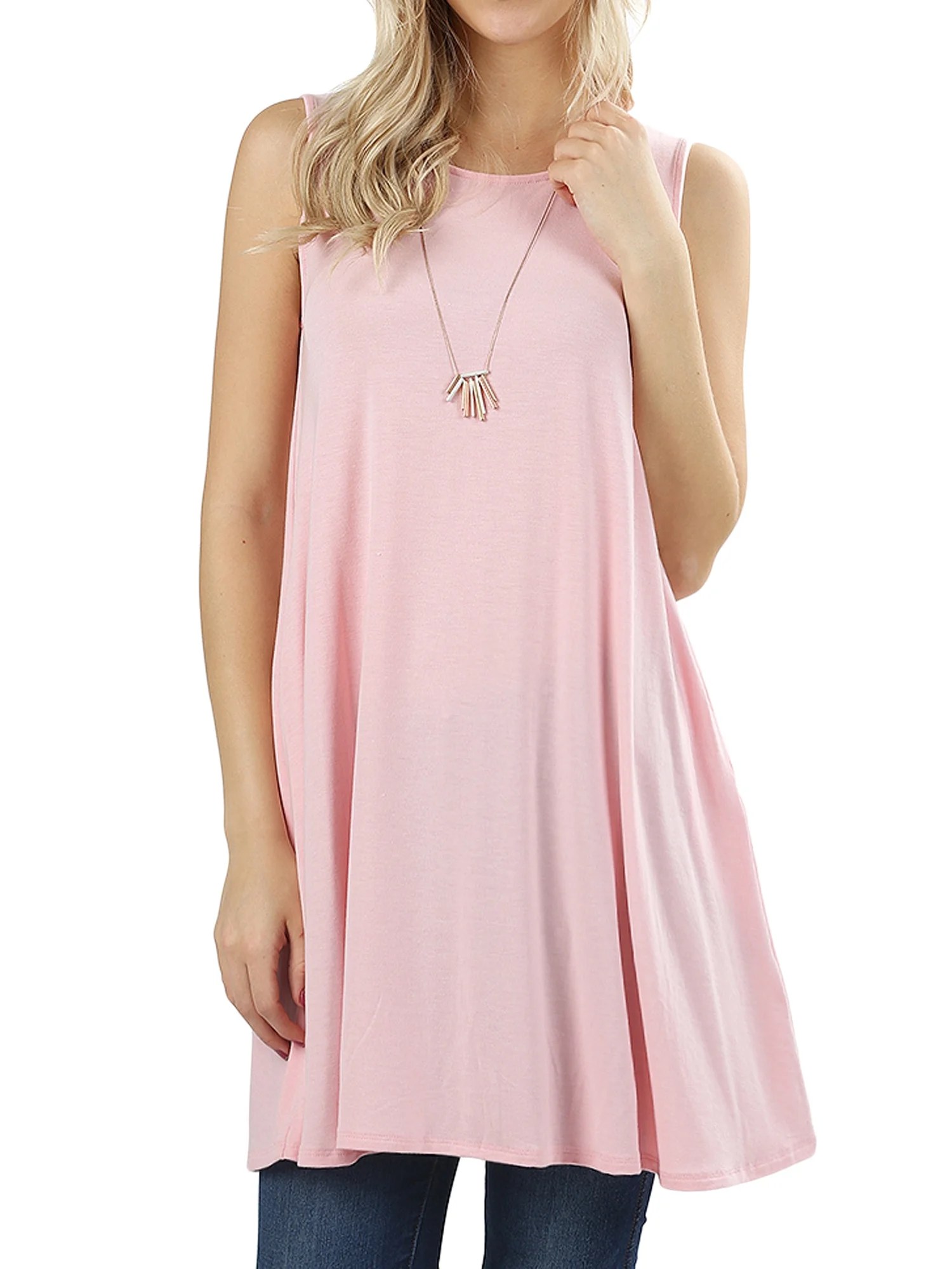 Women Round Neck Sleeveless Flowy Tunic Top with Side Pockets (Dusty