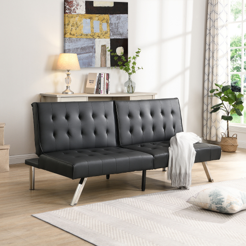 Convertible Black Faux Leather Futon Sofa Bed, Black