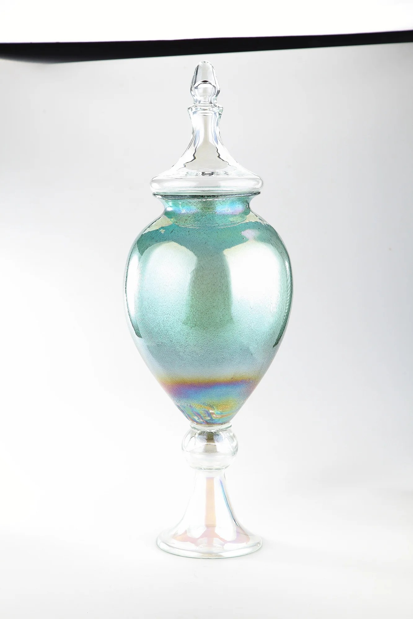 25" Clear and Green Hand Blown Glass Jar with Finial Lid