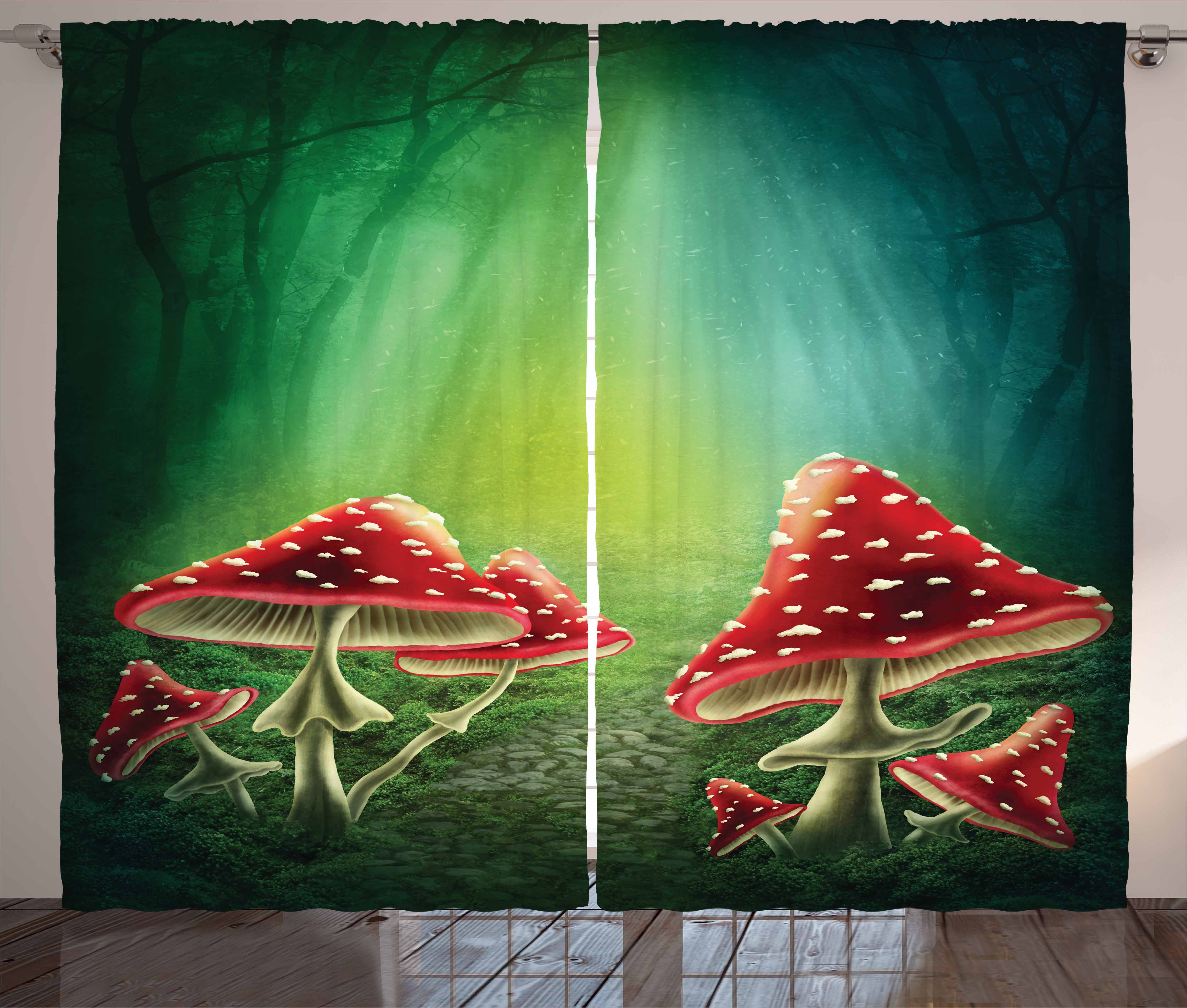 Mushroom Curtains 2 Panels Set, Fairy Tale Illustration with Poisonous