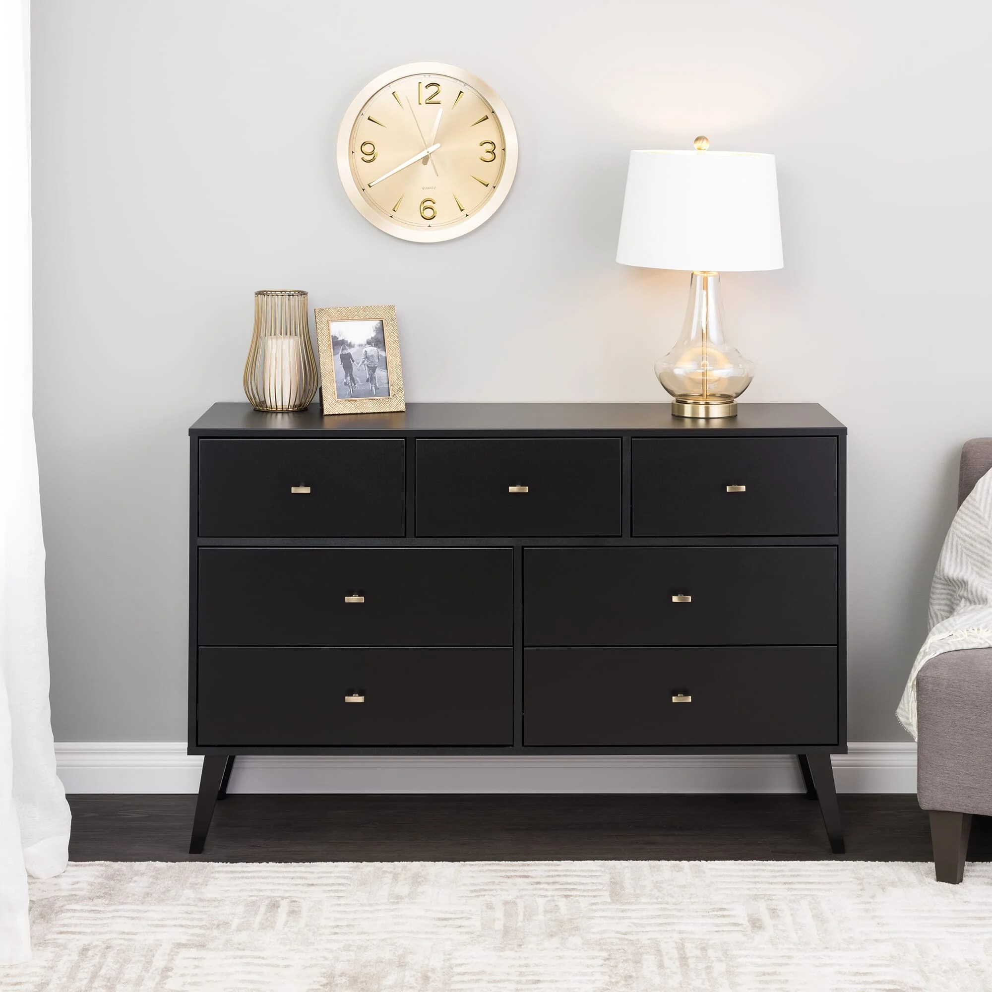 Prepac Milo MidCentury Modern 7Drawer Double Dresser, Black