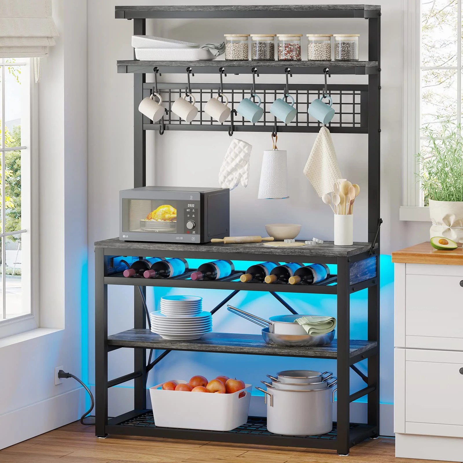 Bakers Rack with Power Outlet & LED Lights, 6Tier Bakers Racks for