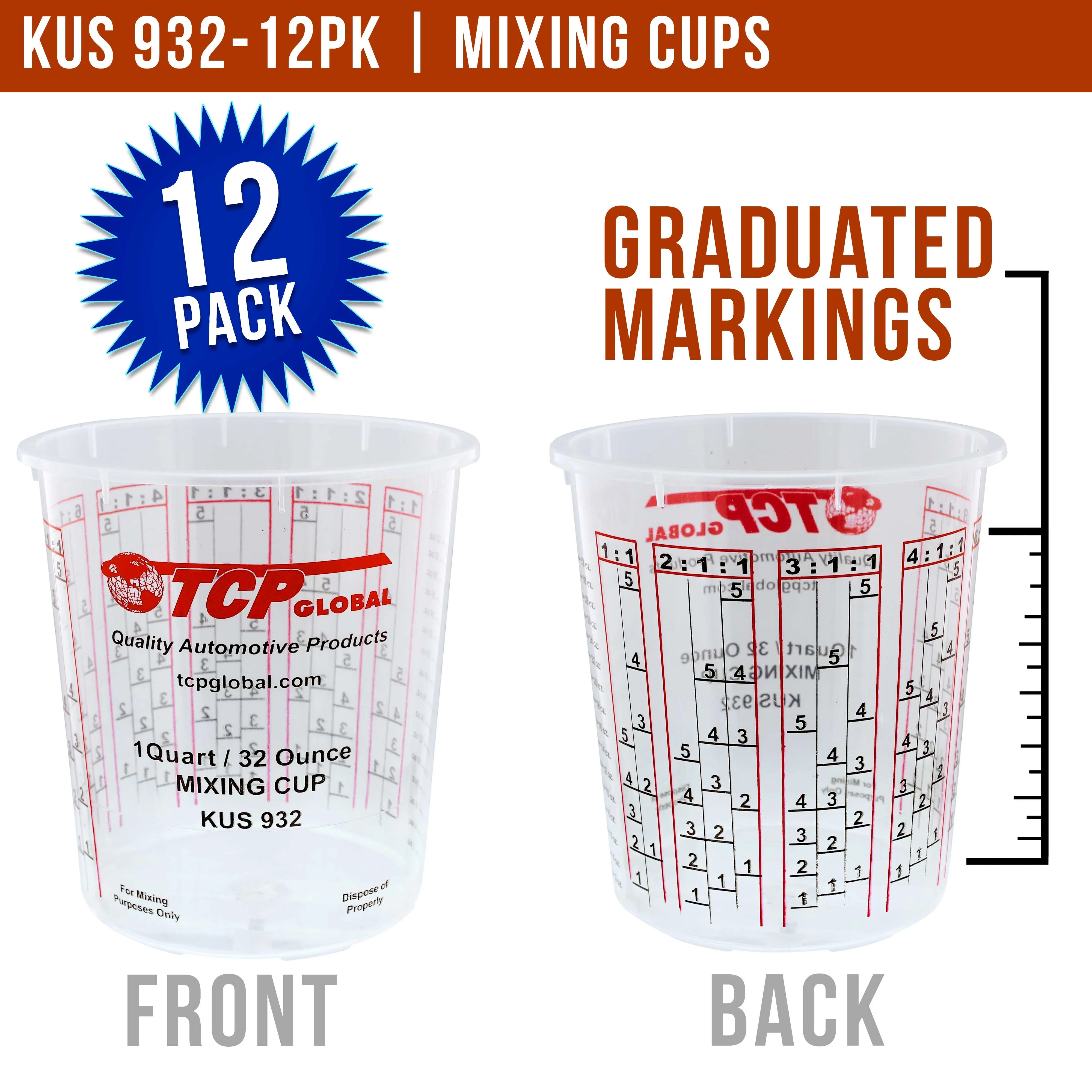 Custom Shop Pack of 12 Each 32 Ounce Paint Mix Cups with calibrated