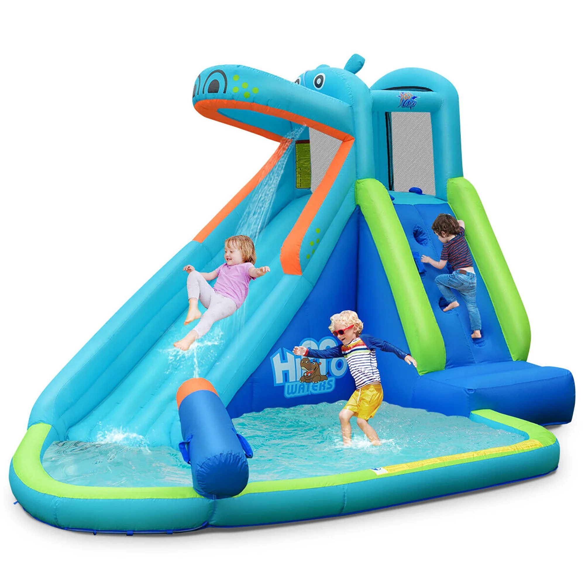 Costway Inflatable Kids Hippo Bounce House Slide Climbing Wall Splash