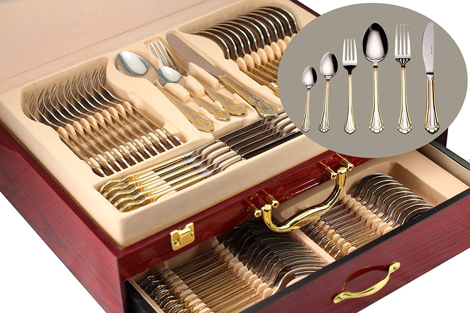 Venezia Collection Gold Flatware Serving Set for 12, 75Pc Luxury