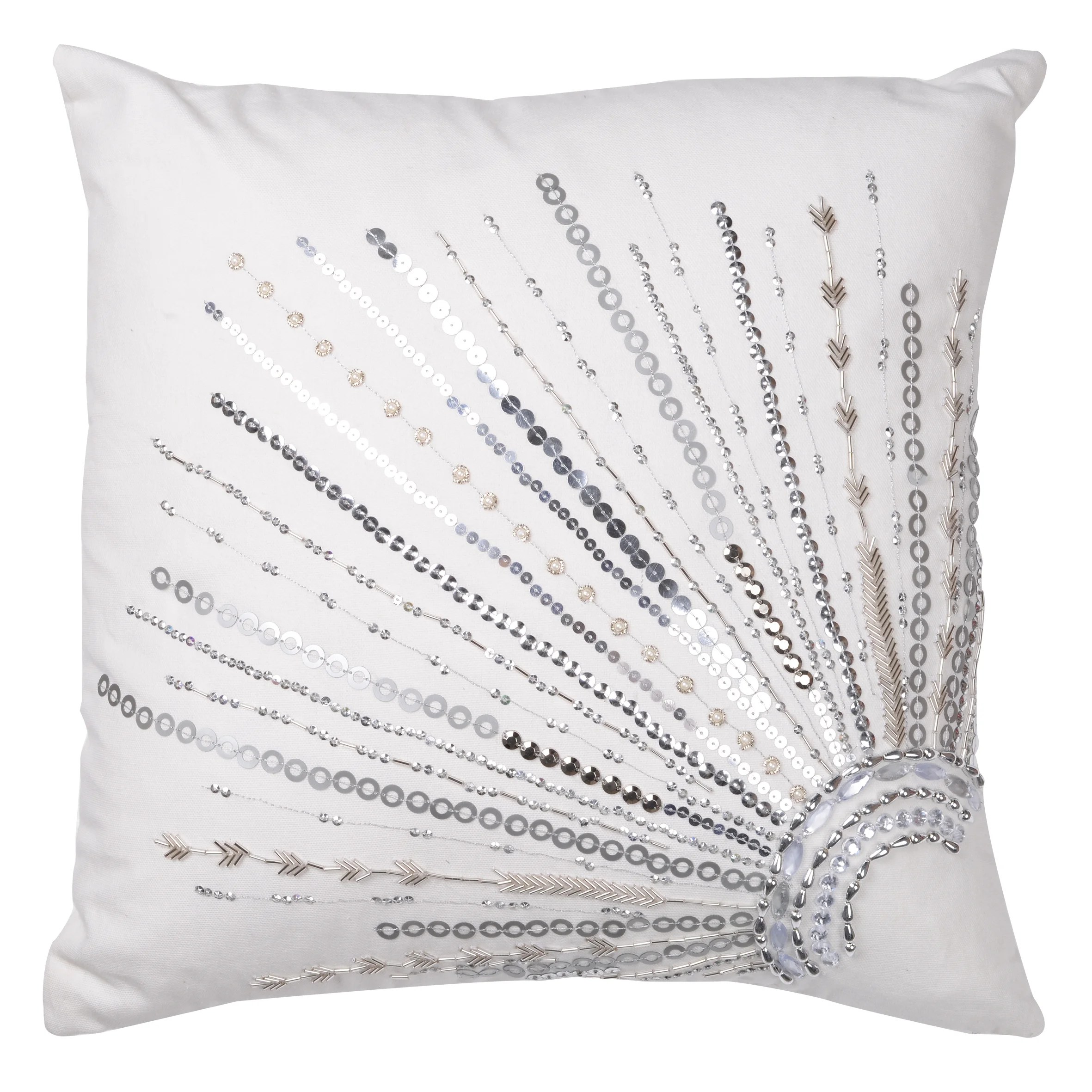 Nina Silver Beaded Pillow, White, 18 by 18Inch