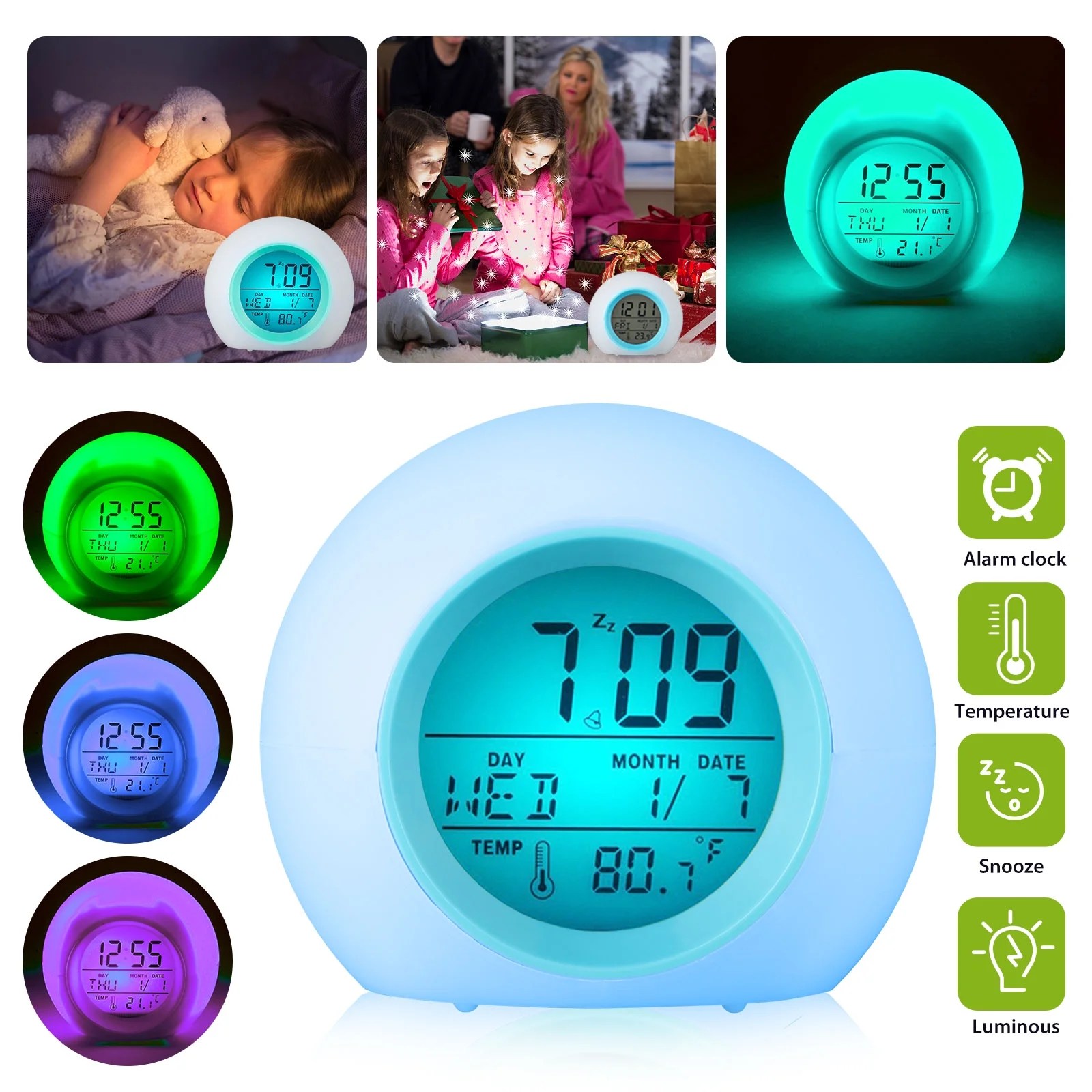 Kids Alarm Clock,EEEkit LED Digital Clock for Boys Girls, 7 Color
