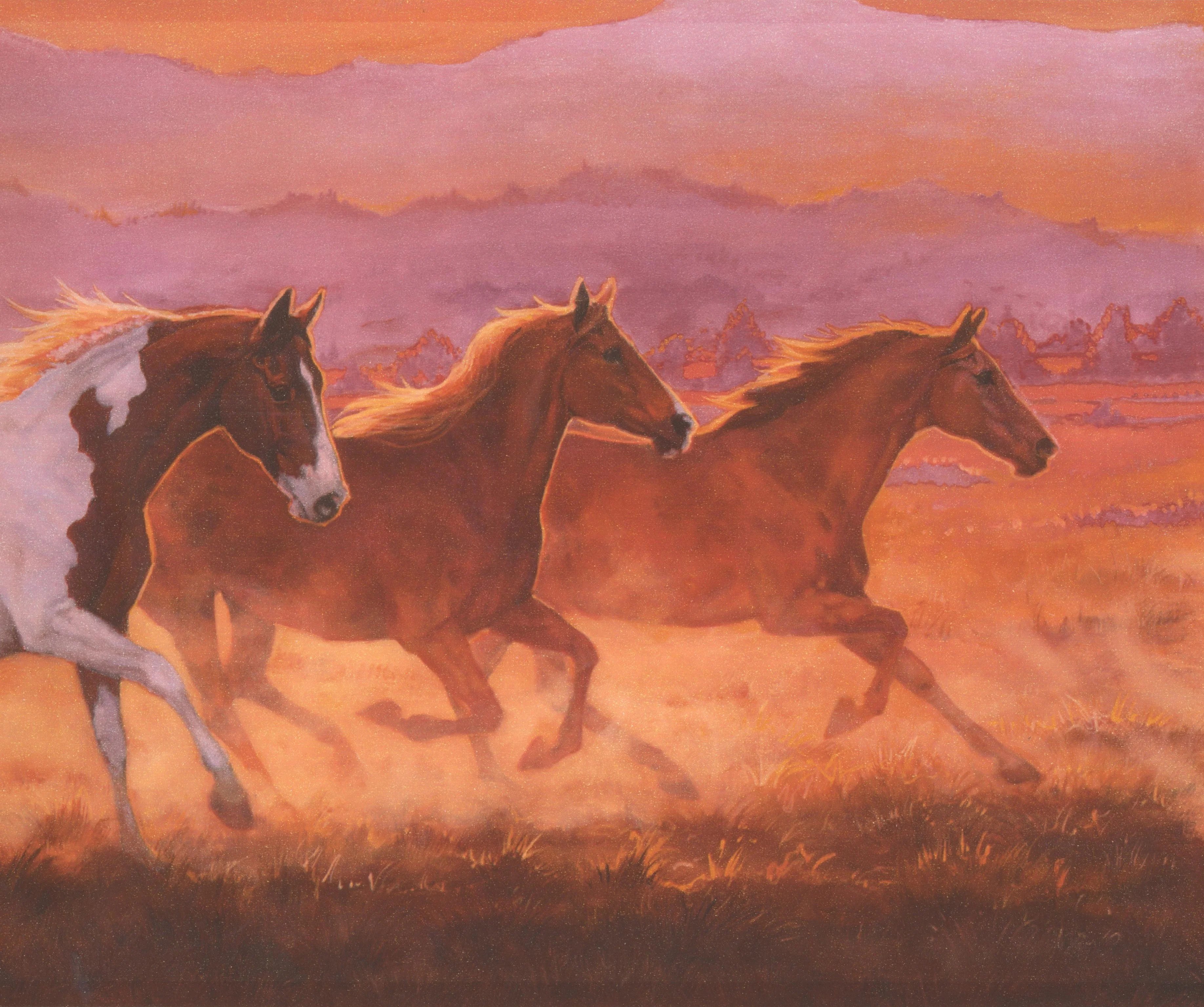 Wallpaper Border Beautiful Galloping Horses in the Wild Orange Wall