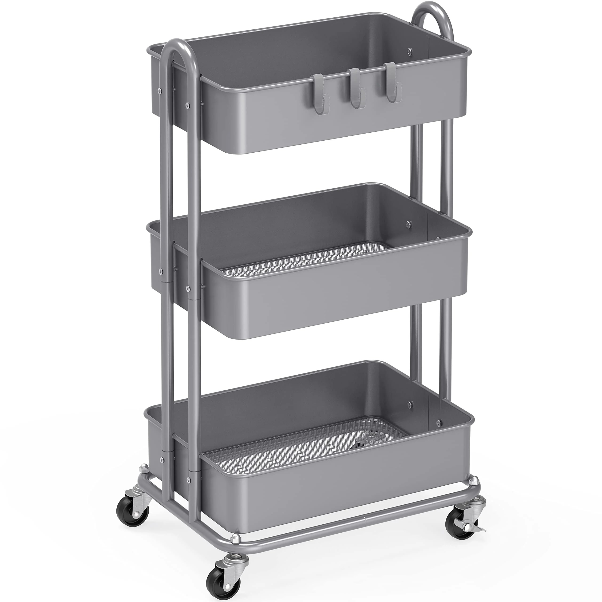SimpleHouseware Heavy Duty 3Tier Metal Utility Rolling Cart, Silver