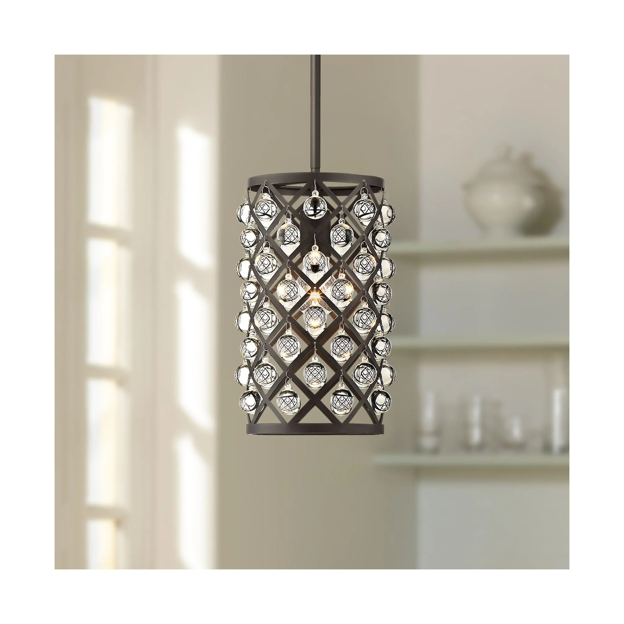 Regency Hill Bronze Mini Pendant Light 8" Wide Crystal Metal Shade