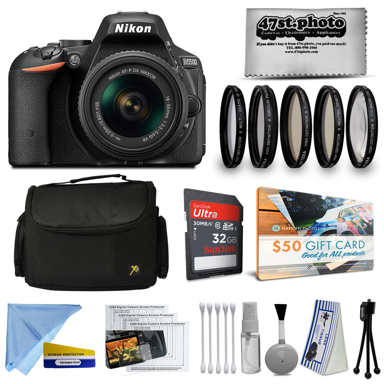 Nikon D5500 DSLR Digital 24MP Camera AFP 1855mm Lens + Opteka 55mm