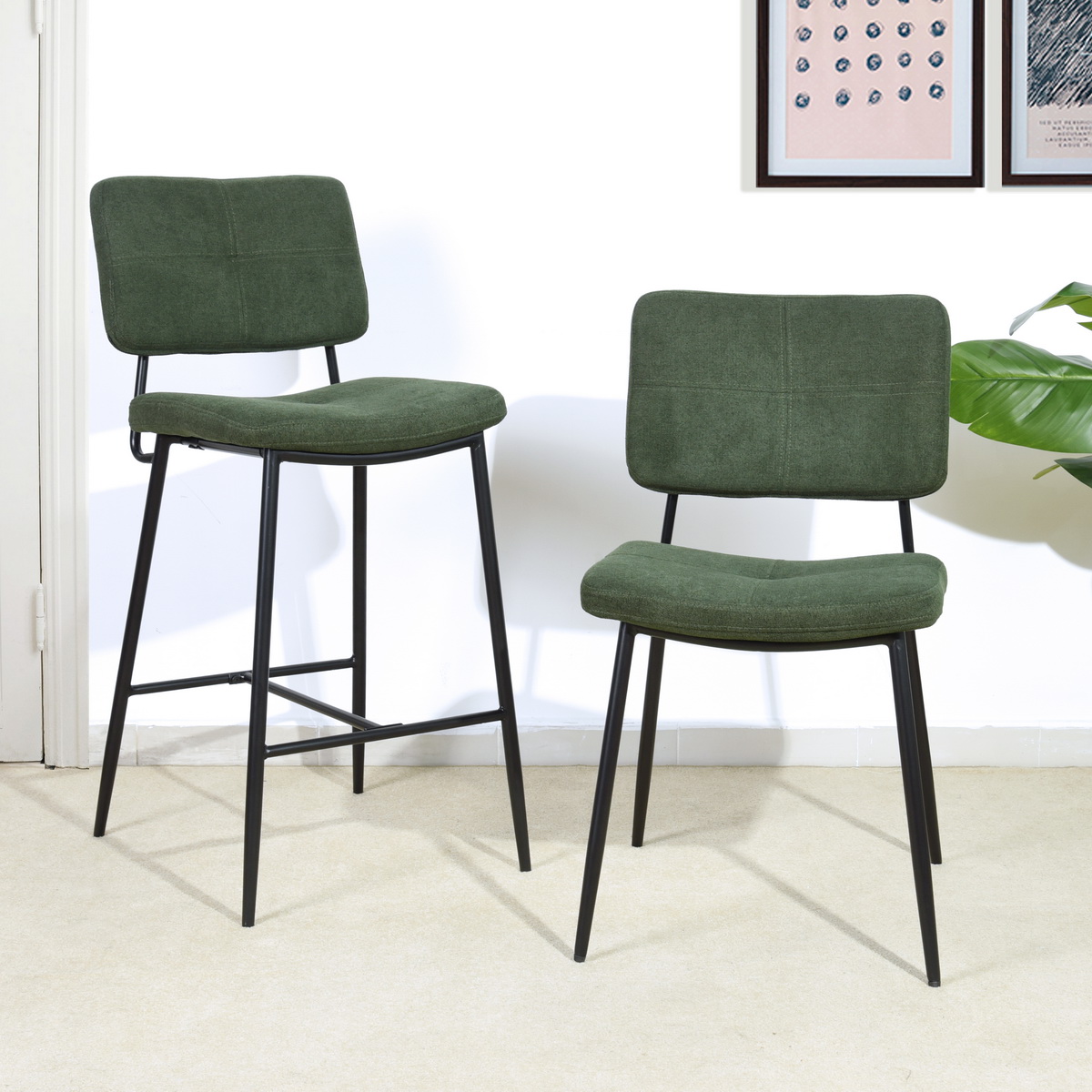 HOMY CASA 27.2" Full Back Fabric Bar Stools Set of 2, Dark Green