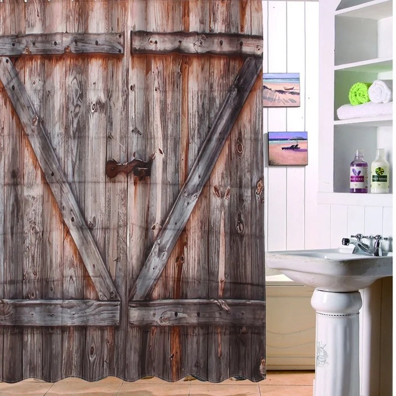 Rustic Decor Shower Curtain, Rustic Wooden Barn Door, Polyester Fabric