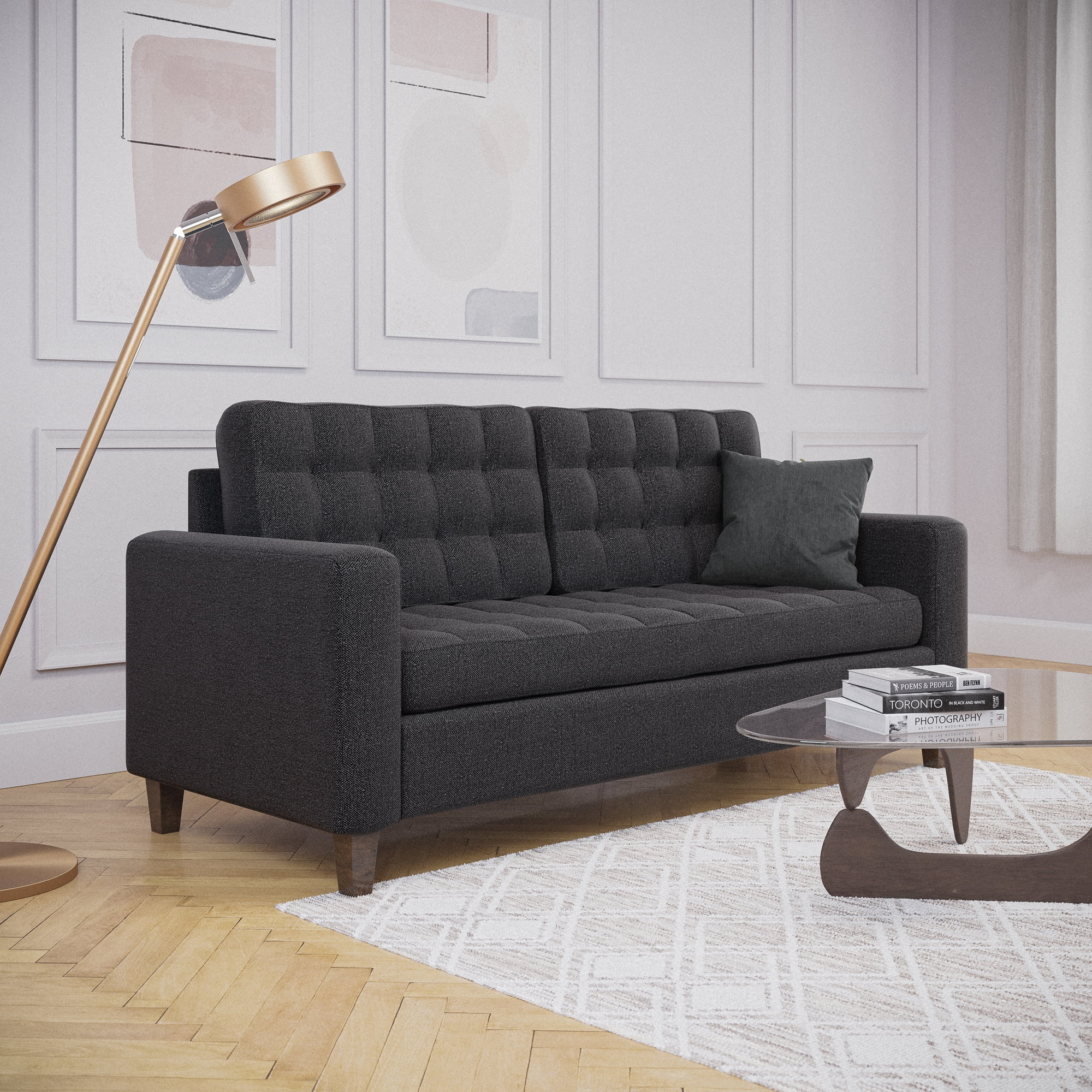 Mayview Upholstered Square Arm Sofa with Buttonless Tufting, Charcoal