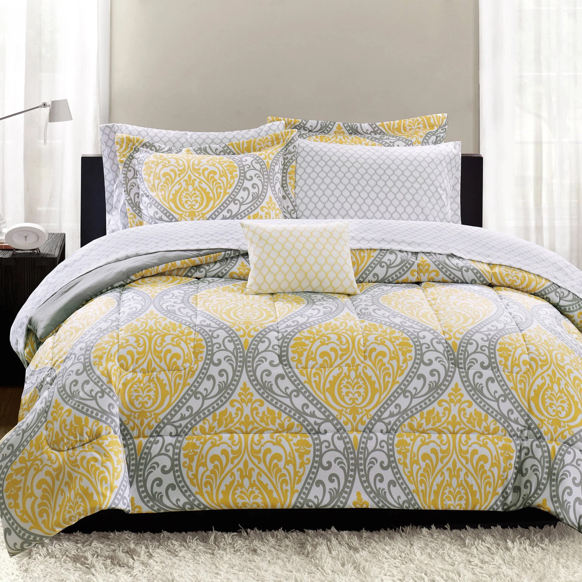 Mainstays Yellow Damask 8Piece Bed in a Bag Bedding Set, Queen