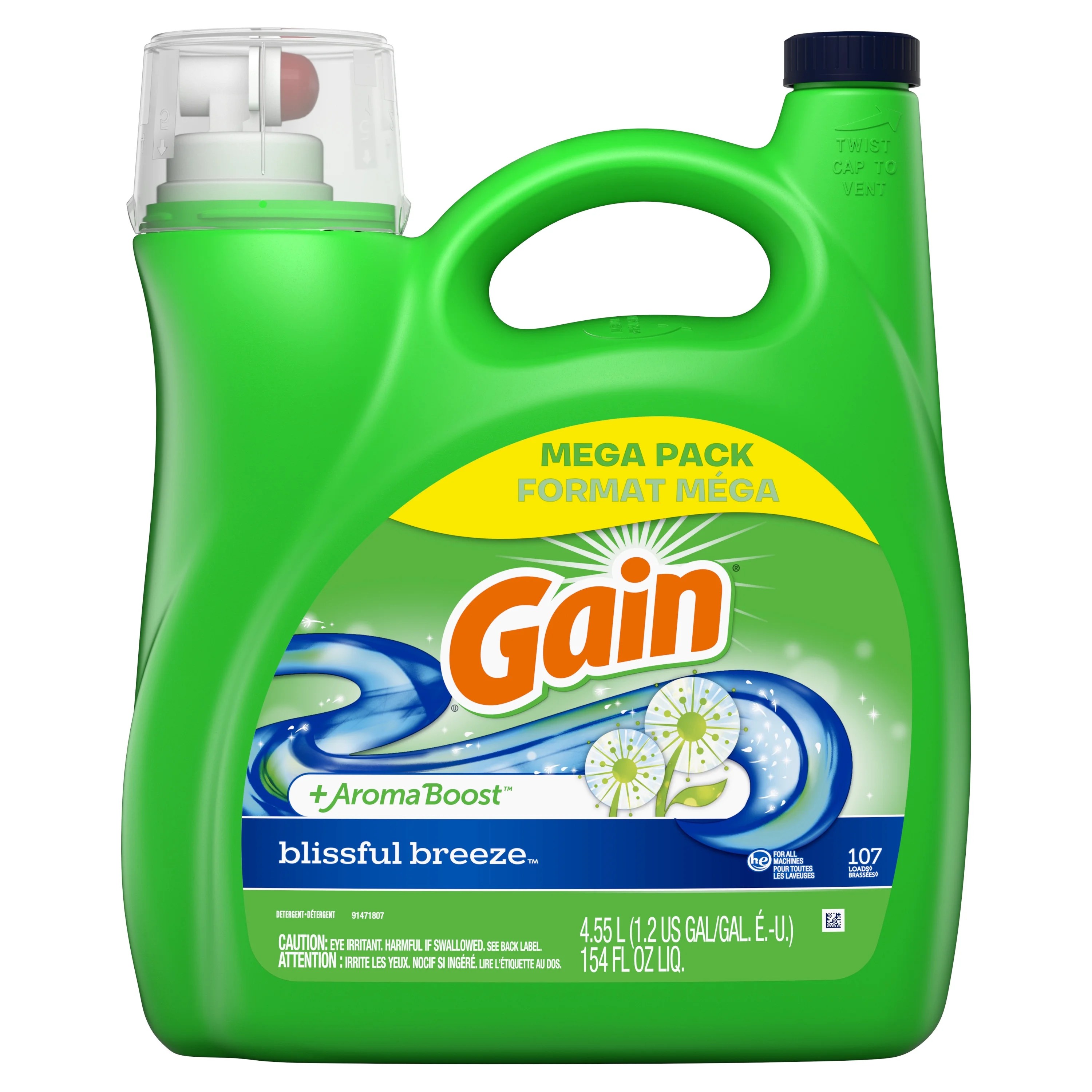 Gain + Aroma Boost Liquid Laundry Detergent, Blissful Breeze Scent, 107 Loads, 154 fl oz, HE