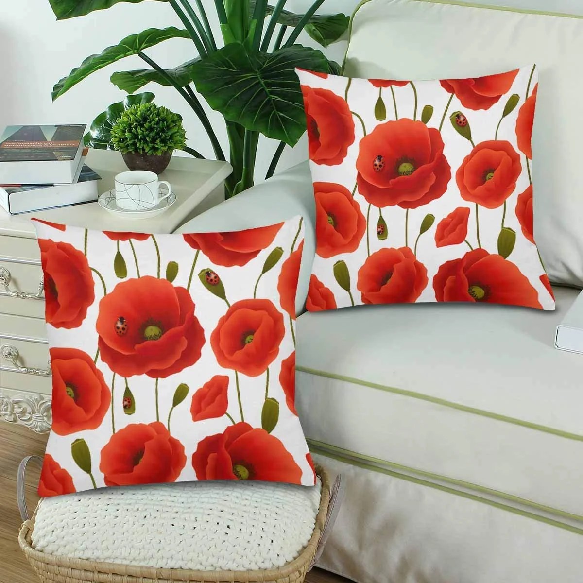 GCKG Vibrant Floral Poppy Flowers Blossom Pillowcase Throw Pillow