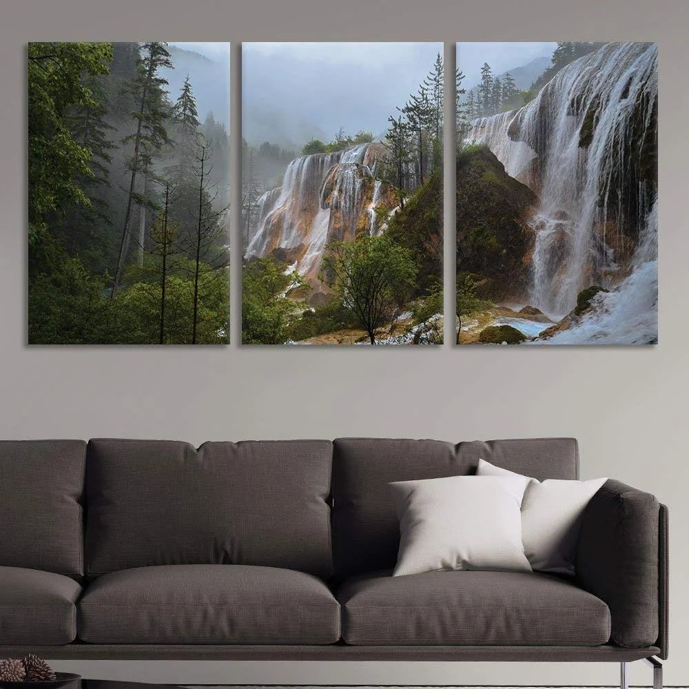 wall26 3 Panel Canvas Wall Art Landscape Waterfall on The Cliff in