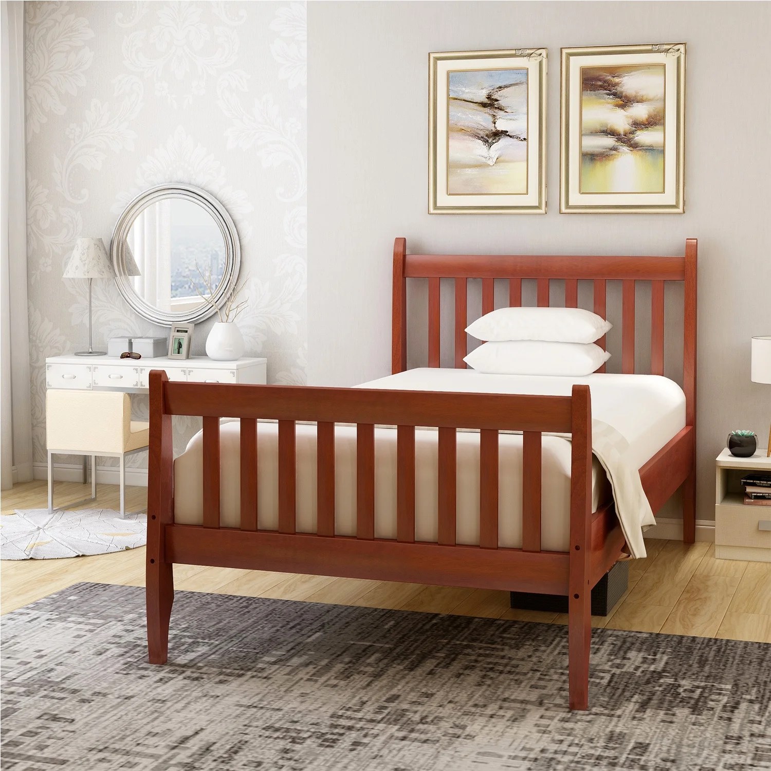 Twin Size Bed Frame with Headboard, Solid Wood Slat Support Platform