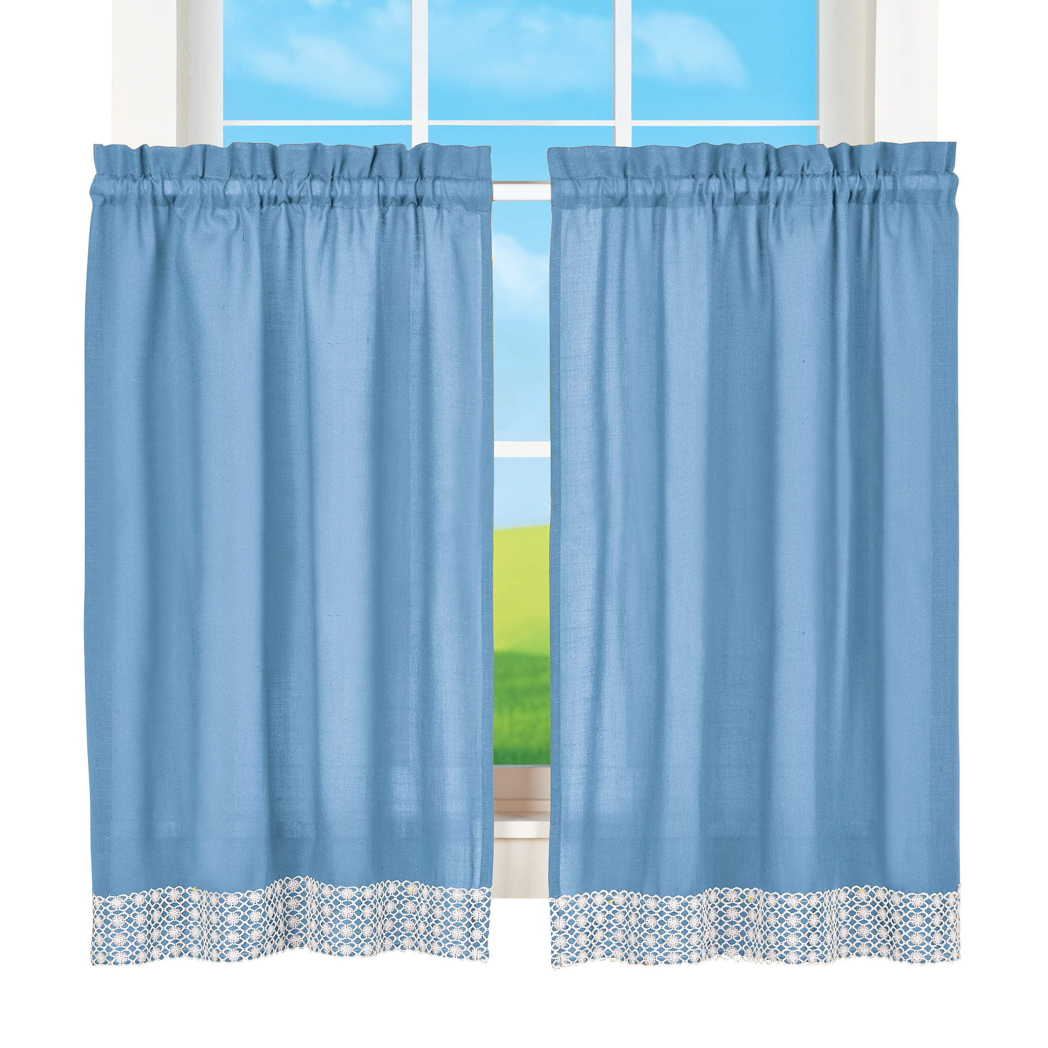 Elegant Salem White Lace Trim Border Curtains 5 Colors Rod Pocket Tops for Easy Hanging