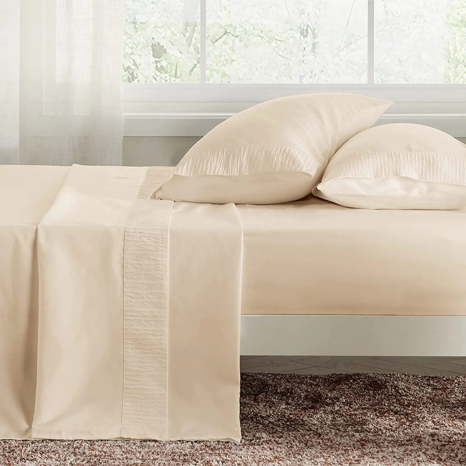 Bedsure 4 Pieces Hotel Luxury Beige Sheets Full，Easy Care Polyester
