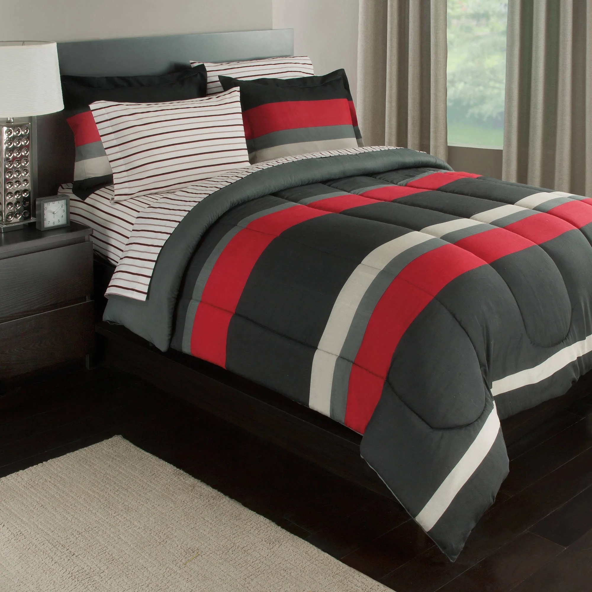 Black, Gray & Red Stripes Boys Teen Twin XL Comforter Set (5 Piece Bed In A Bag)